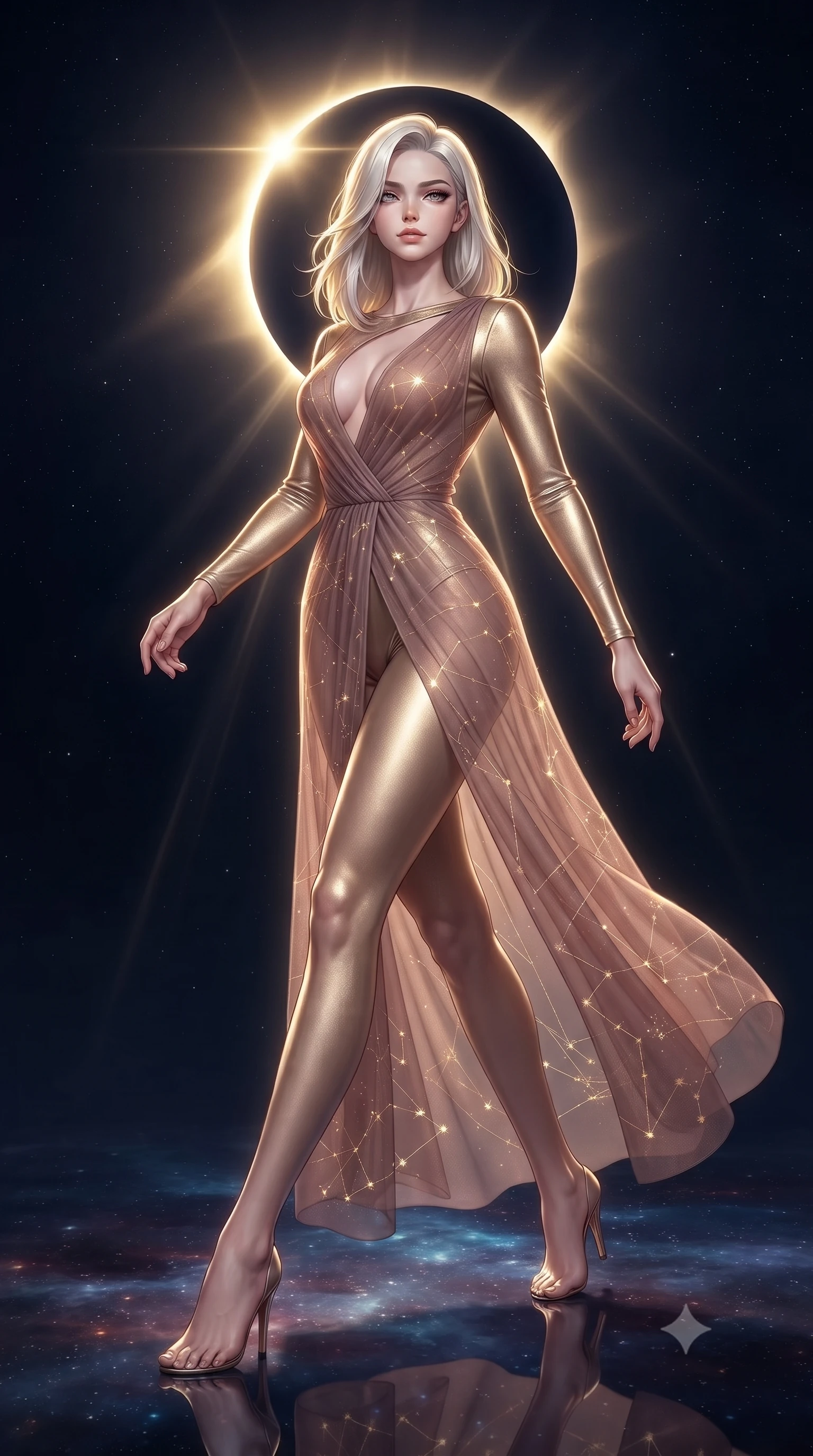 score_9, masterpiece, best quality, ultra-detailed, high-budget anime keyframe, editorial fashion photography, tasteful artistic composition, Caucasian woman. low angle full-body shot from head to toe showing her feet, filling the entire 9:16 vertical frame with her statuesque presence, stretching her vertical silhouette. forging dynamically through the scene, her vertical silhouette beautifully stretched navigating a constellation map woven from starlight threads, a cosmic eclipse casting brilliant golden rim highlights. She has an absolutely perfect, statuesque 8.5-heads proportion, an exceptionally tall and slender model-like female figure with impossibly long slender legs and an ultra-slim waist. sharp v-shaped jawline, high-bridge nose, intricate jewel-like eyes with depth, thick eyelashes, glossy lips with a natural sheen. wearing a semi-opaque sheer overlay dress over a leather micro-bodysuit in dusty rose and champagne gold, made of premium stretch velvet with a rich sheen, accented with a Tasteful chest slit framing her clavicle gracefully, the elegant draped fit framing her graceful clavicle and slender torso. surrounded by a glowing aura of starlight and shimmering celestial rays. ultra-reflective glossy finish, specular highlights, metallic sheen, high-contrast stereoscopic depth, volumetric dynamic lighting, 2k, ultra detail, master piece, 9:16 ratio