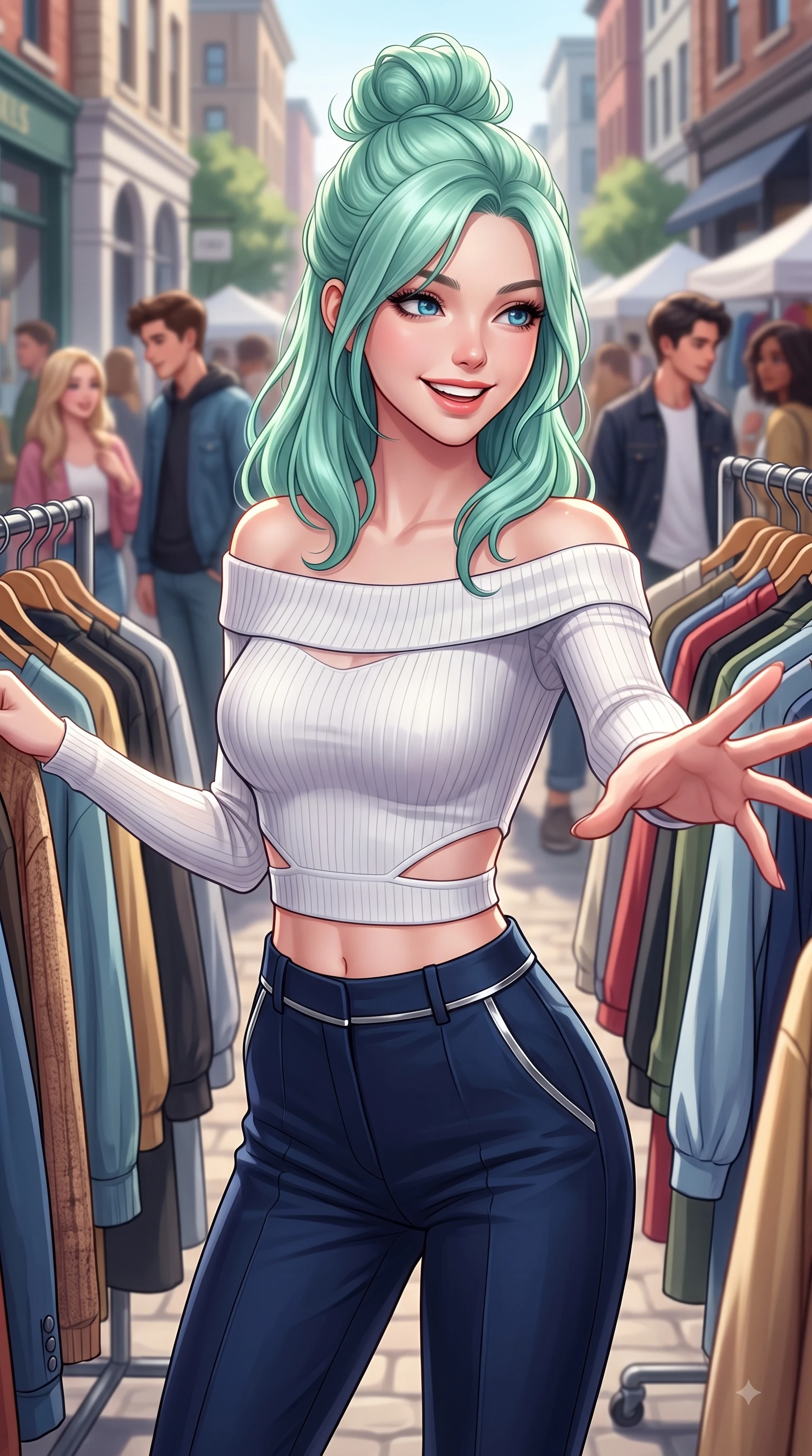 score_9, masterpiece, best quality, ultra-detailed, high-budget anime keyframe, editorial fashion photography, tasteful artistic composition, Japanese woman. close-up cowboy shot from the waist and thighs up, the character dominates the composition, filling the frame with her large presence, background elements kept in soft focus. Radiant youthful grin reflecting college charm while casting a playful, joyful side-gaze with heavy lashes while reaching one arm out playfully toward the camera while browsing a outdoor vintage clothing rack, young stylish crowds and chic architecture creating a lively college town atmosphere. She has an exceptionally elegant, slender, and willowy female figure with an ultra-slim waist, a gracefully sculpted slender torso, and a refined silhouette. sharp v-shaped jawline, high-bridge nose, intricate jewel-like eyes with depth, thick eyelashes, glossy lips with a natural sheen, flawlessly proportioned anatomical accuracy, natural body alignment, perfectly sculpted elegant limbs, clean dynamic posture without body distortion. wearing a sleek off-shoulder ribbed knit top paired with high-waist tailored pants in midnight navy blue and chrome trim, woven from fine semi-opaque sheer organza, featuring subtle geometric cutouts that highlight her ultra-slim midriff, the elegant draped fit framing her graceful clavicle and slender torso. surrounded by a lively, trendy street aura with rich specular highlights. highly saturated vibrant anime colors, detailed shading with soft gradients, rich glossy textures, high-contrast stereoscopic depth, volumetric dynamic lighting, master piece, 9:16 ratio