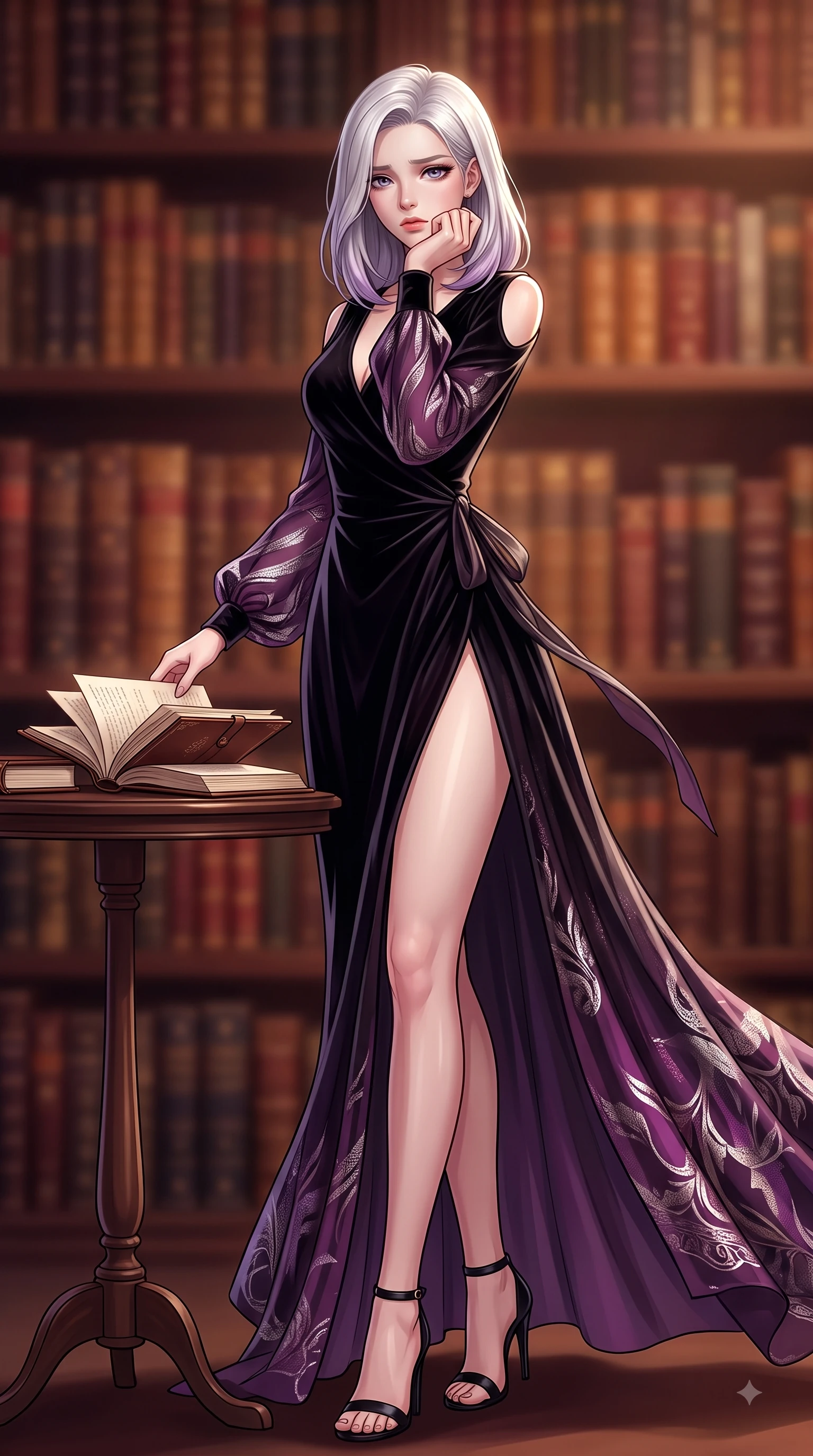 score_9, masterpiece, best quality, ultra-detailed, high-budget anime keyframe, editorial fashion photography, tasteful artistic composition, Caucasian woman. low angle full-body shot from head to toe showing her feet, filling the entire 9:16 vertical frame with her statuesque presence, stretching her vertical silhouette. Wistful sorrowful gaze looking distant with a delicate melancholy and emotional depth in her eyes while resting her chin thoughtfully on her hand while reviewing open leather journals. The composition keeps background elements in soft focus with dreamy bokeh. thousands of vintage leather book spines blurred into a rich mahogany and amber bokeh. She has an absolutely perfect, statuesque 8.5-heads proportion, an exceptionally tall and slender model-like female figure with impossibly long slender legs and an ultra-slim waist. sharp v-shaped jawline, high-bridge nose, intricate jewel-like eyes with depth, thick eyelashes, glossy lips with a natural sheen, flawlessly proportioned anatomical accuracy, natural body alignment, perfectly sculpted elegant limbs, clean dynamic posture without body distortion. wearing a dramatic black velvet evening gown with a high leg slit and subtle shoulder cutouts in rich plum violet and metallic platinum, woven from fine lightweight chiffon fluttering gracefully, accented with a delicate side waist sash creating fluid lines, the sleek second-skin fit accentuating her magnetic presence. surrounded by an intelligent, noble, and classic editorial atmosphere. highly saturated vibrant anime colors, detailed shading with soft gradients, rich glossy textures, high-contrast stereoscopic depth, volumetric dynamic lighting, master piece, 9:16 ratio