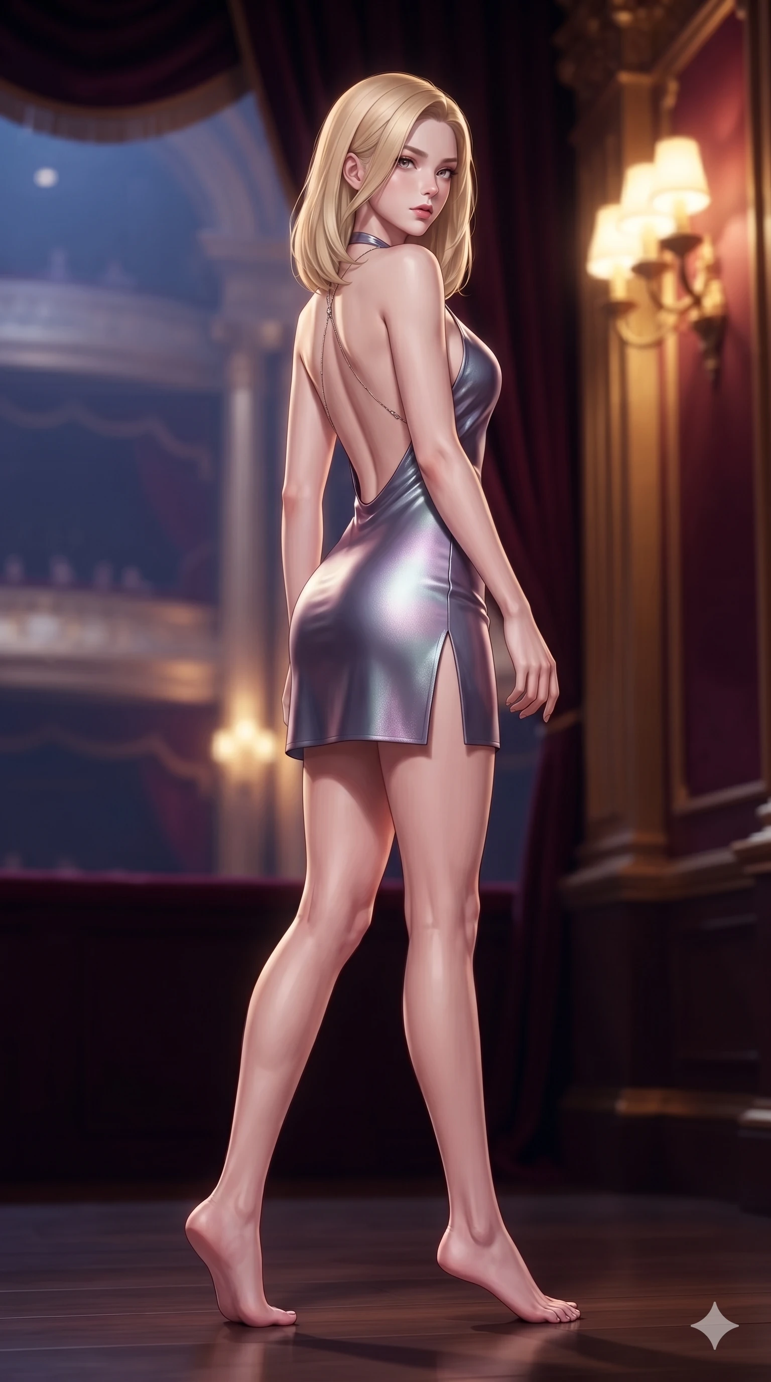 score_9, masterpiece, best quality, ultra-detailed, high-budget anime keyframe, semi-realistic 3D game render, editorial fashion photography, tasteful artistic composition, Korean woman. low angle full-body shot from head to toe showing her feet, filling the entire 9:16 vertical frame with her statuesque presence, stretching her vertical silhouette. stepping slowly toward the camera with hypnotic grace, hips swaying in an alluring sensual rhythm that accentuates her curvy hourglass silhouette and long slender legs while stepping gracefully toward the box entrance, looking over a bare shoulder with an irresistible smoldering bedroom-gaze. The composition keeps background elements in soft focus with creamy bokeh: velvet-draped royal box ambience softened in private opera loge shallow focus. She has an exceptionally tall and slender model-like 8.5-heads proportion, an ultra-slim waist, a flat toned midriff, narrow delicate ribcage, and beautifully sculpted feminine hips creating a graceful, slim hourglass silhouette without any bulky heaviness, with impossibly long slender legs. sharp v-shaped jawline, high-bridge nose, intricate jewel-like eyes with depth, thick eyelashes, glossy parted lips with a natural sheen, intensely captivating and seductive bedroom-eyes expression, flawlessly proportioned anatomical accuracy, strict slender model proportions, natural body alignment, perfectly sculpted long slender limbs, ultra-slim waistline, clean dynamic posture without body distortion. wearing a backless metallic lamé halterneck mini dress with deep scoop back down to her lower spine and thigh-high slit in Highland heather violet and slate granite, tailored from ultra-smooth duchess satin with a pearlescent sheen, accented with a chrome-drop body harness subtly framing her dewy collarbones and spine, the glove-like clinging cut tightly following the natural contour of her hips and long slender legs with youthful 8.5-heads elegance. bathed in warm 2500K golden wall sconce radiance contrasted with dramatic auditorium ambient glow. highly saturated vibrant anime colors, detailed shading with soft gradients, rich glossy textures, high-contrast stereoscopic depth, volumetric dynamic lighting, master piece, 9:16 ratio