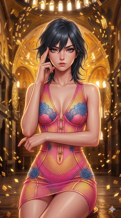 score_9, masterpiece, best quality, ultra-detailed, high-budget anime keyframe, editorial fashion photography, tasteful artistic composition, Caucasian woman, strictly human ears. close-up cowboy shot from the waist and thighs up, the character domin