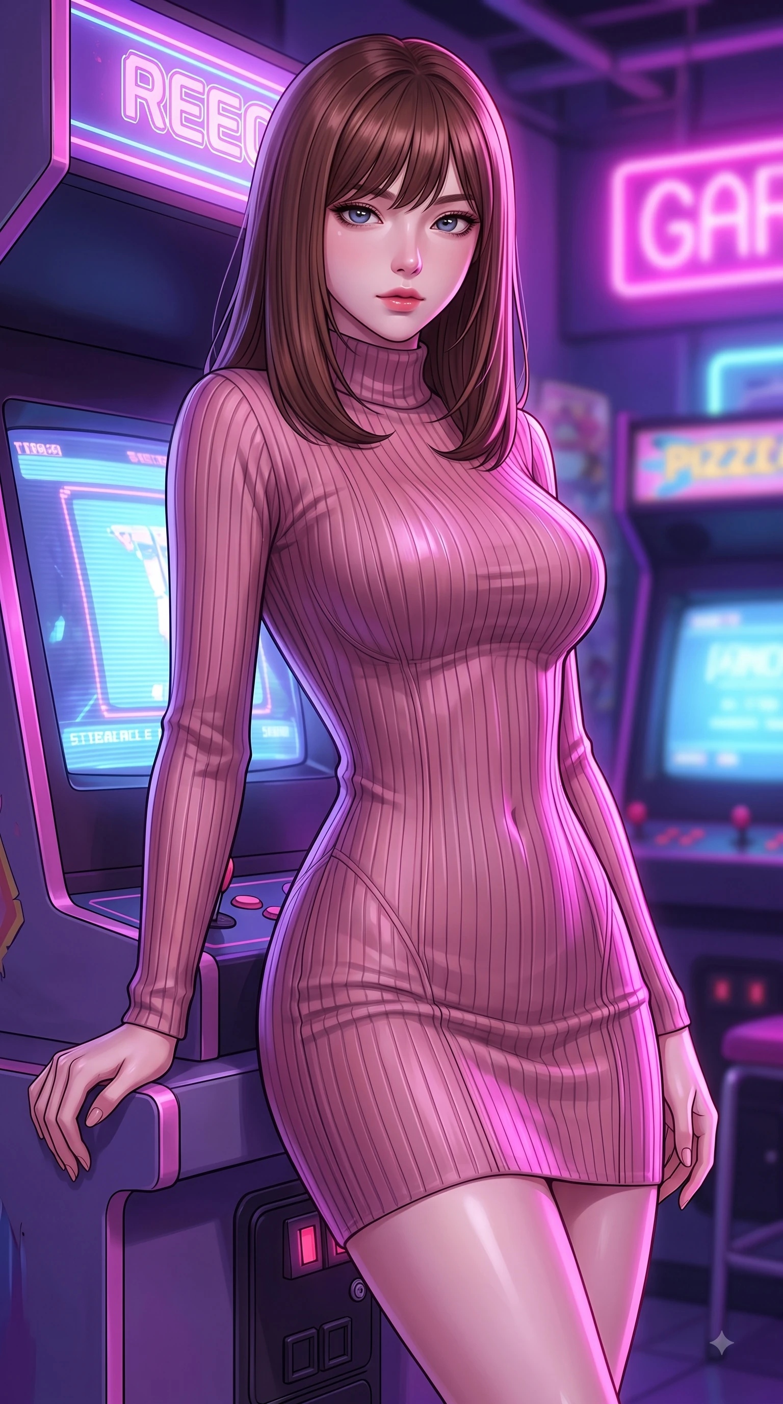 score_9, masterpiece, best quality, ultra-detailed, high-budget anime keyframe, editorial fashion photography, tasteful artistic composition, Korean woman woman. close-up cowboy shot from the waist and thighs up, the character dominates the composition, filling the frame with her large presence, background elements kept in soft focus. She has an exceptionally elegant, slender, and willowy female figure with an ultra-slim waist, a gracefully sculpted slender torso, and a refined silhouette. leaning back effortlessly against the surrounding architecture with an air of magnetic superiority, flawlessly proportioned anatomical accuracy, natural body alignment, perfectly sculpted elegant limbs, clean dynamic posture without body distortion. set against a soft-focus background of a retro cyber arcade filled with glowing CRT screens and neon signs. wearing a sculpted dusty rose ribbed knit bodycon dress with form-contouring side seams. bathed in strobing violet and electric pink neon lights refracting on her outfit. highly saturated vibrant anime colors, detailed shading with soft gradients, rich glossy textures, high-contrast stereoscopic depth, volumetric dynamic lighting, master piece, 9:16 ratio