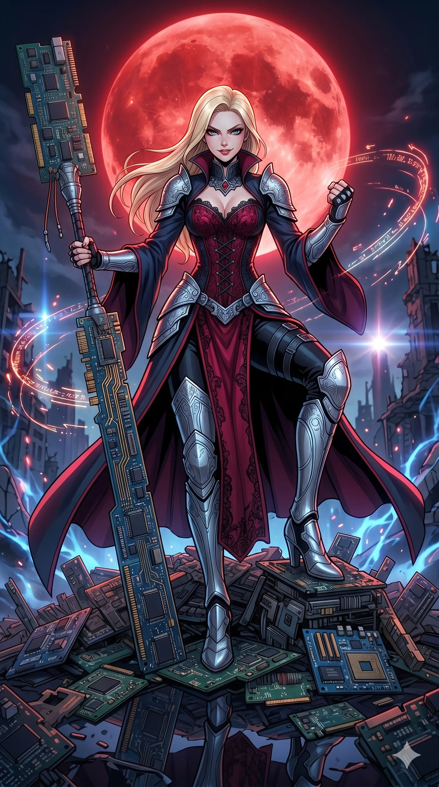 score_9, masterpiece, best quality, ultra-detailed, high-budget anime movie keyframe, cinematic anime lighting, intricate line art, Korean woman. Low angle cowboy shot capturing a powerful motion and statuesque presence. standing victorious on a throne of logic-boards under a blood moon. She has an absolutely perfect 8-heads proportion, an exceptionally tall and slender female figure with an ultra-slim waist and impossibly long slender legs. strictly human anatomy, two legs only, no extra limbs, clearly defined legs and arms, perfect anatomy, perfect hands and fingers. sharp v-shaped jawline, high-bridge nose, intricate jewel-like eyes, thick eyelashes, glossy lips. Wearing Dark Fantasy: Gothic lace corset gown, bell-sleeved sorceress robes, and engraved silver plate armor over silk. The scene is illuminated by dramatic atmospheric lighting and vibrant color palettes. , 2k, ultra detail, master piece, 9:16 ratio