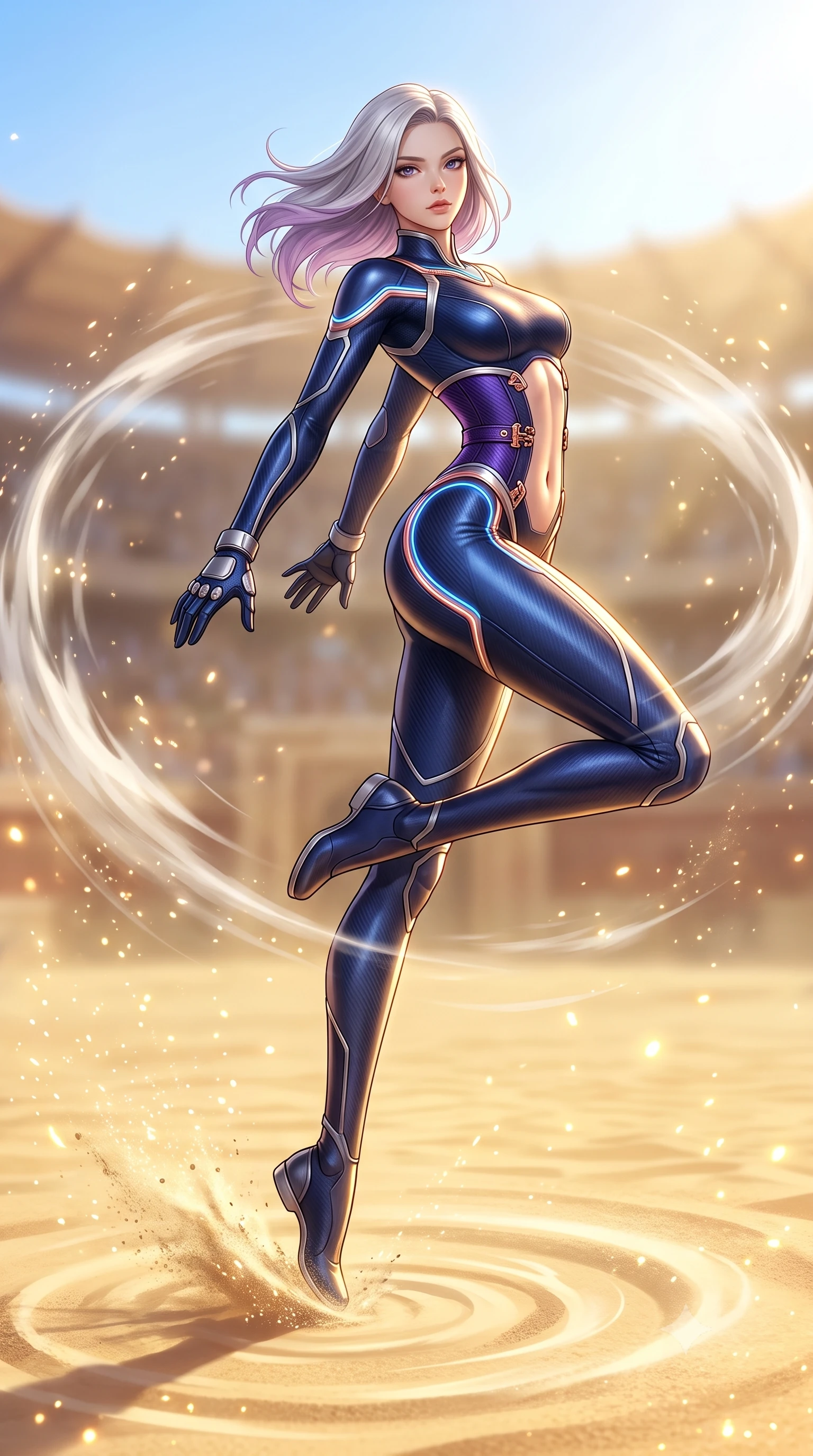 score_9, masterpiece, best quality, ultra-detailed, high-budget anime keyframe, semi-realistic 3D game render, editorial fashion photography, tasteful artistic composition, Caucasian woman. low angle full-body shot from head to toe showing her feet, filling the entire 9:16 vertical frame with her statuesque presence, stretching her vertical silhouette. leaping into mid-air with an athletic yet alluring arch of her spine, driving a downward kinetic strike surrounded by a ring of displaced air while pivoting dynamically as her heel strikes the arena ground, sending a shockwave ripple through the sunlit golden sand. The composition keeps background elements in soft focus with creamy bokeh. sparkling sunlit sand grains scattering bright specular light motes across a grand stadium backdrop. She has an absolutely perfect, statuesque 8.5-heads proportion, an exceptionally tall and slender model-like female figure with impossibly long slender legs, a toned flat midriff, and an ultra-slim waist. sharp v-shaped jawline, high-bridge nose, intricate jewel-like eyes with depth, thick eyelashes, glossy lips with a natural sheen, flawlessly proportioned anatomical accuracy, strict slender model proportions, natural body alignment, perfectly sculpted long slender limbs, ultra-slim waistline, clean dynamic posture without body distortion. wearing a statuesque midnight cobalt carbon-fiber battle-suit with platinum trim, reinforced kinetic palm plates, and an ultra-slim waistline in royal purple carbon fiber with rose-gold hardware and clasps, crafted from ultra-strong woven carbon-fiber composite with a satin luster, accented with glowing fiber-optic conduits tracing her collarbones and hip curves, the form-contouring material adhering flawlessly to her sculpted flat midriff and slender torso, emphasizing her long leg lines and perfectly proportioned willowy build. bathed in brilliant midday desert sunshine and warm golden sand surface reflections. rich saturated anime colors with glowing neon highlights, detailed shading with soft gradients, rich glossy textures, high-contrast stereoscopic depth, volumetric dynamic lighting, master piece, 9:16 ratio