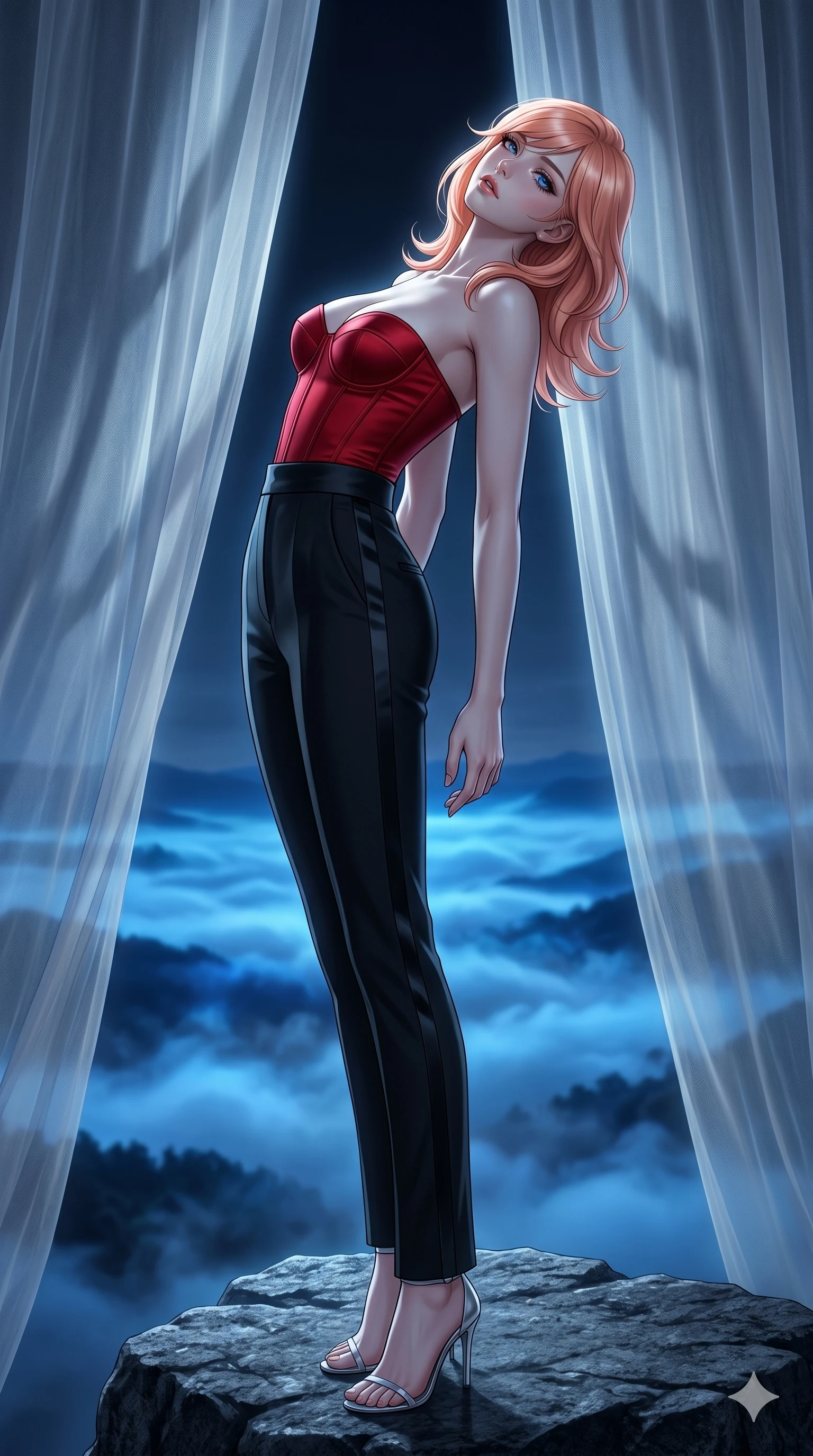 score_9, masterpiece, best quality, ultra-detailed, high-budget anime keyframe, editorial fashion photography, tasteful artistic composition, Japanese woman. low angle full-body shot from head to toe showing her feet, filling the entire 9:16 vertical frame with her statuesque presence, stretching her vertical silhouette. Arching her back in a graceful controlled backward pose atop a tower of dark granite overlooking a valley covered in glowing blue fog. She has an absolutely perfect 8-heads proportion, an exceptionally tall and slender female figure with impossibly long slender legs and an ultra-slim waist. V-shaped jawline, high-bridge nose, intricate jewel-like eyes with depth, thick eyelashes, glossy lips with a natural sheen. wearing a structured bustier in scarlet red satin, paired with high-waist black tailored trousers with a satin stripe down the leg. bathed in cold silver moonlight filtered through translucent gossamer curtains casting soft shadows on her curves. 2k, ultra detail, master piece, 9:16 ratio