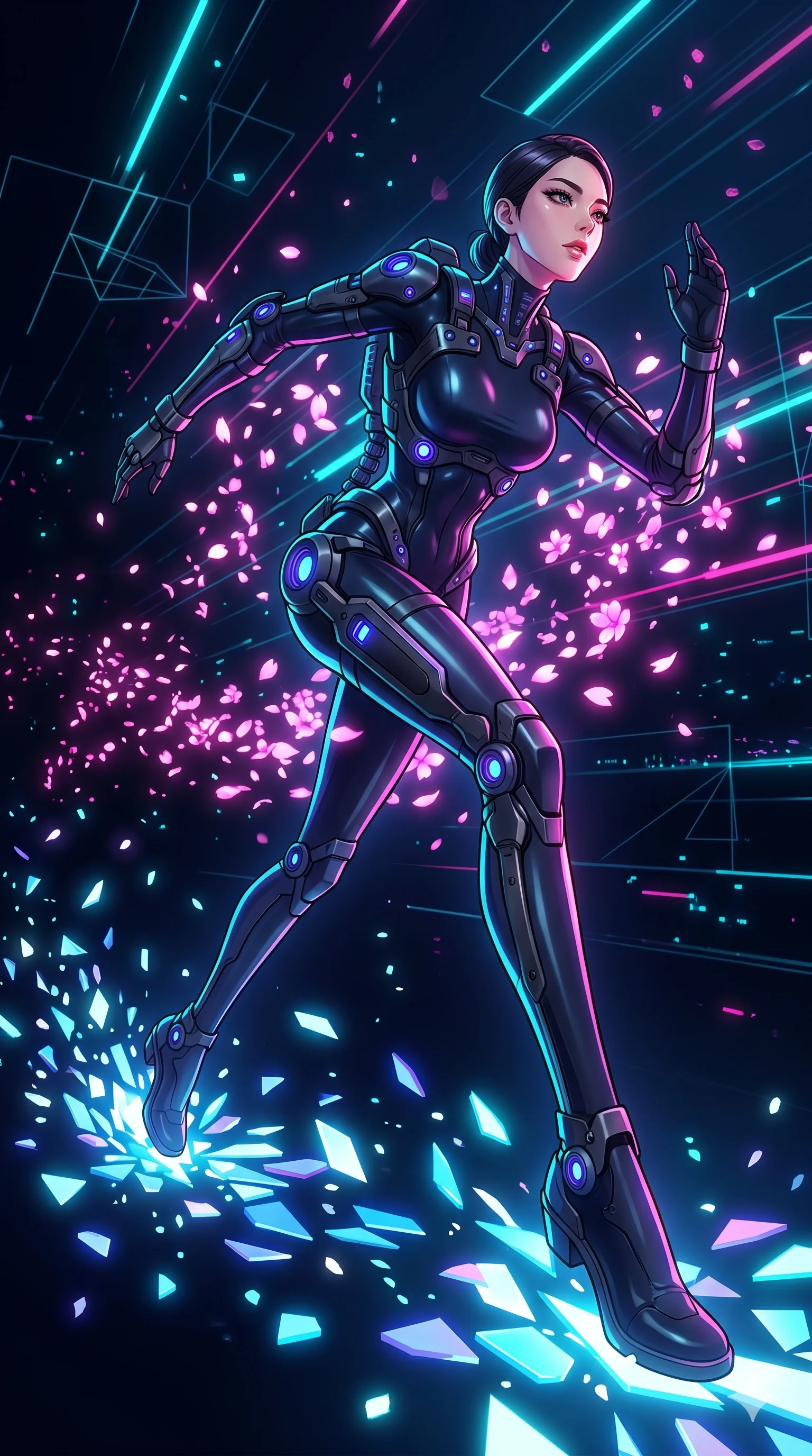 score_9, masterpiece, best quality, ultra-detailed, Set A: High-budget Anime Keyframe, Korean woman. Low angle cowboy shot filling the entire 9:16 frame with her statuesque presence. Sprinting through a virtual reality void, as the ground beneath her turns into 51 shards of light and surrounded by digital sakura petals. She has an absolutely perfect 8-heads proportion, an exceptionally tall and slender female figure with impossibly long slender legs and an ultra-slim waist. Sharp v-shaped jawline, high-bridge nose, intricate jewel-like eyes with depth, thick eyelashes, glossy lips with a natural sheen. Wearing Cybernetic exoskeleton frame over a sleek skin-tight latex suit with glowing ports. Cinematic lighting, vibrant colors, dramatic shadows, 2k, ultra detail, master piece, 9:16 ratio