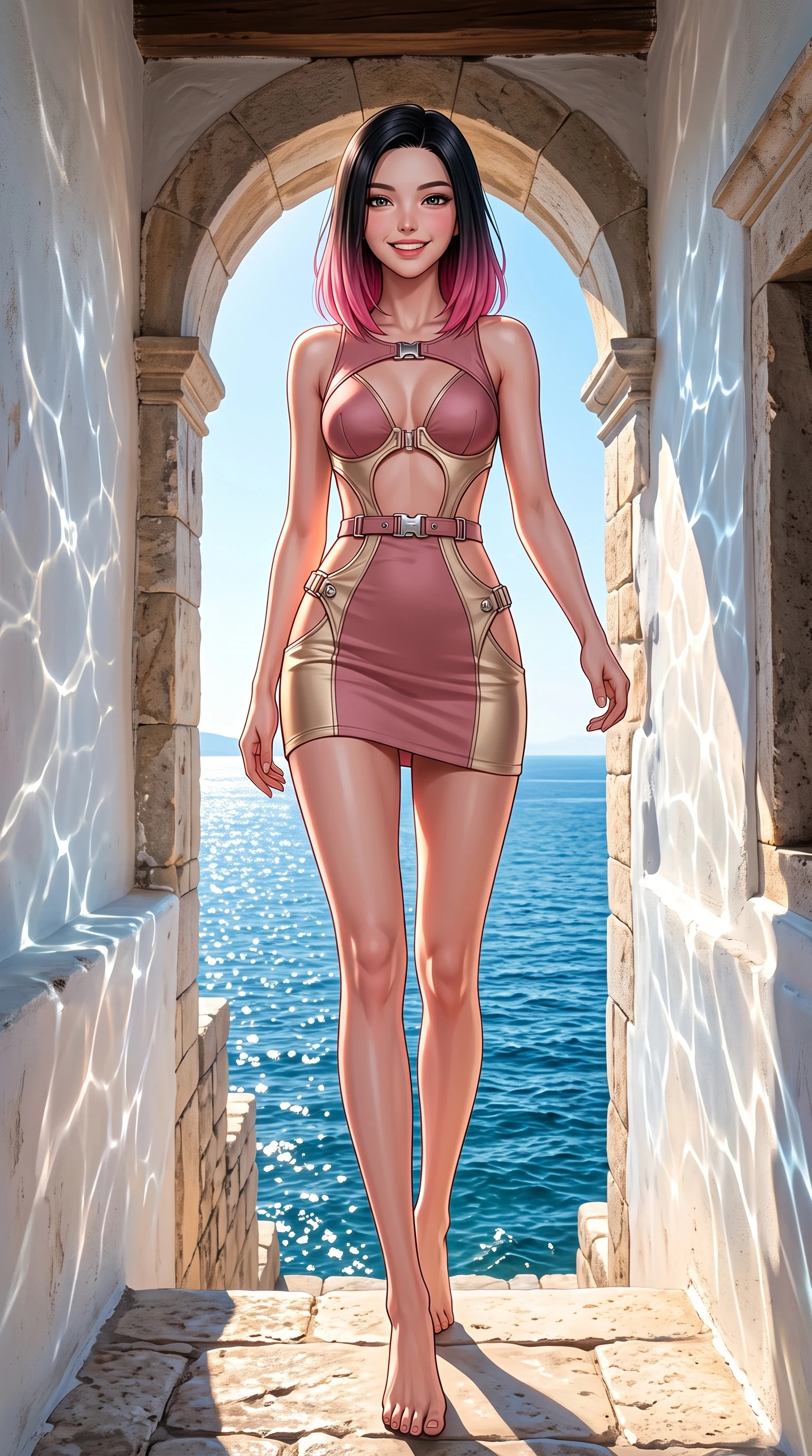 score_9, masterpiece, best quality, ultra-detailed, high-budget anime keyframe, editorial fashion photography, tasteful artistic composition, Korean woman. low angle full-body shot from head to toe showing her feet, filling the entire 9:16 vertical frame with her statuesque presence, stretching her vertical silhouette. stepping forward in a proud dynamic stride with a cheerful beaming smile, her vertical silhouette filling the frame while resting happily on a stone archway balcony as intense Mediterranean sunlight warms her form, glistening water reflections dancing dynamically across whitewashed stone walls. She has an absolutely perfect, statuesque 8.5-heads proportion, an exceptionally tall and slender model-like female figure with impossibly long slender legs and an ultra-slim waist. sharp v-shaped jawline, high-bridge nose, intricate jewel-like eyes with depth, thick eyelashes, glossy lips with a natural sheen, flawlessly proportioned anatomical accuracy, natural body alignment, perfectly sculpted elegant limbs, clean dynamic posture without body distortion. wearing a dramatic open-waist cutout mini dress framed by sculptural hardware in dusty rose and champagne gold, formed from sleek second-skin neoprene, detailed with polished silver buckles along the waistline, the tailored fabric tightly following every curve of her athletic build. bathed in bright white Mediterranean sunbeams and deep blue sky refractions. highly saturated vibrant anime colors, detailed shading with soft gradients, rich glossy textures, high-contrast stereoscopic depth, volumetric dynamic lighting, master piece, 9:16 ratio