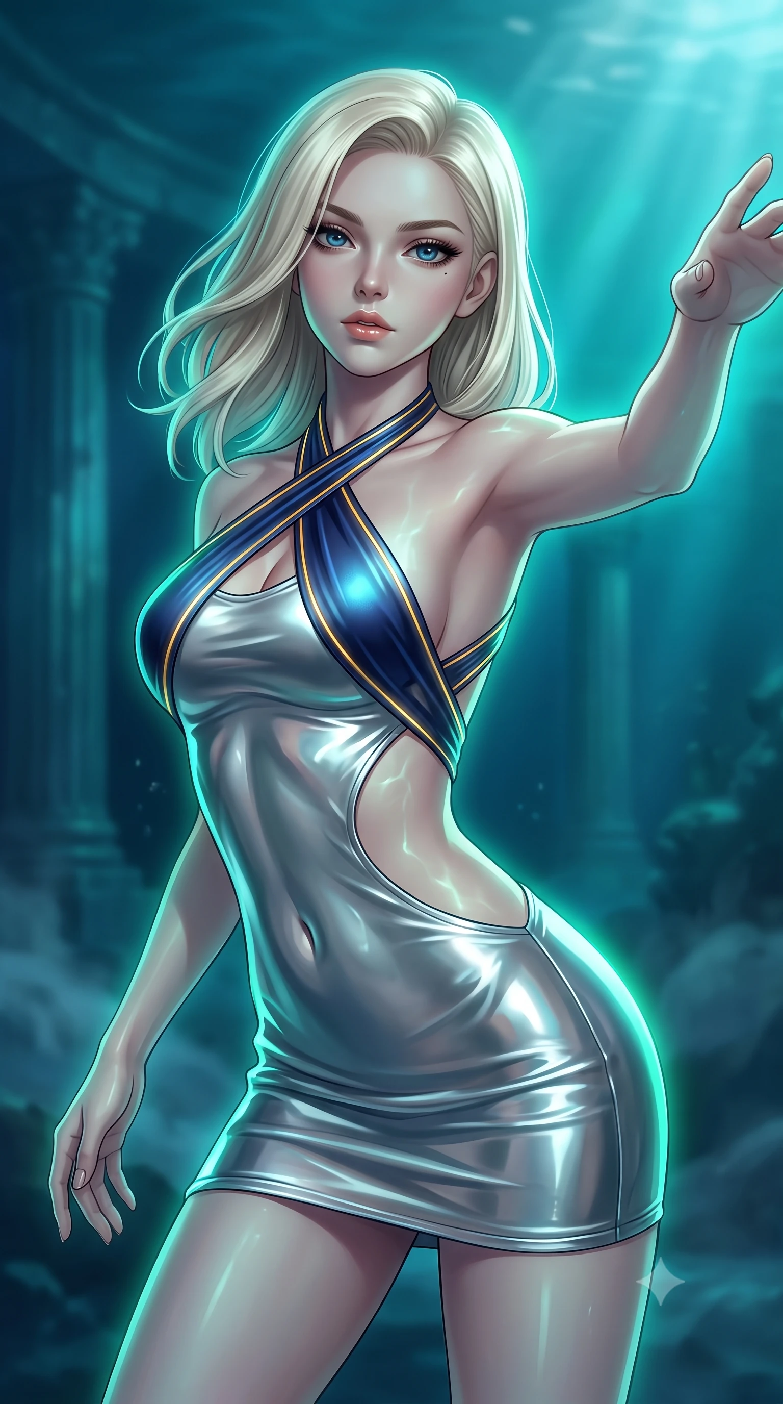 score_9, masterpiece, best quality, ultra-detailed, high-budget anime keyframe, semi-realistic 3D game render, editorial fashion photography, tasteful artistic composition, Caucasian woman. close-up cowboy shot from the waist and thighs up, the character dominates the composition, filling the frame with her large presence. extending one arm gracefully toward the light while her torso arches in a sleek, alluring curve with magnetic intensity while stretching forward with an alluring S-curve silhouette as deep ocean caustics illuminate her torso. The composition keeps background elements in soft focus with creamy bokeh. distant submerged temple columns and underwater mist softened in smooth atmospheric depth of field. She has an exceptionally elegant, slender, and willowy female figure with an ultra-slim waist, a gracefully sculpted slender torso, and a refined silhouette. sharp v-shaped jawline, high-bridge nose, intricate jewel-like eyes with depth, thick eyelashes, glossy lips with a natural sheen, flawlessly proportioned anatomical accuracy, natural body alignment, perfectly sculpted elegant limbs, clean dynamic posture without body distortion. wearing a molten silver liquid-metal mini dress featuring deep side-waist cutouts and a daring crossover halter neckline in midnight sapphire blue and glowing gold filaments, tailored from semi-translucent cybernetic vinyl with glowing micro-filaments, complemented by criss-cross back straps highlighting her completely bare spine, the daring cutouts accentuating her delicate midriff, graceful collarbones, and feminine contour. bathed in deep aquamarine and glowing emerald bioluminescent rim lighting with crisp water refractions. highly saturated vibrant anime colors, detailed shading with soft gradients, rich glossy textures, high-contrast stereoscopic depth, volumetric dynamic lighting, master piece, 9:16 ratio