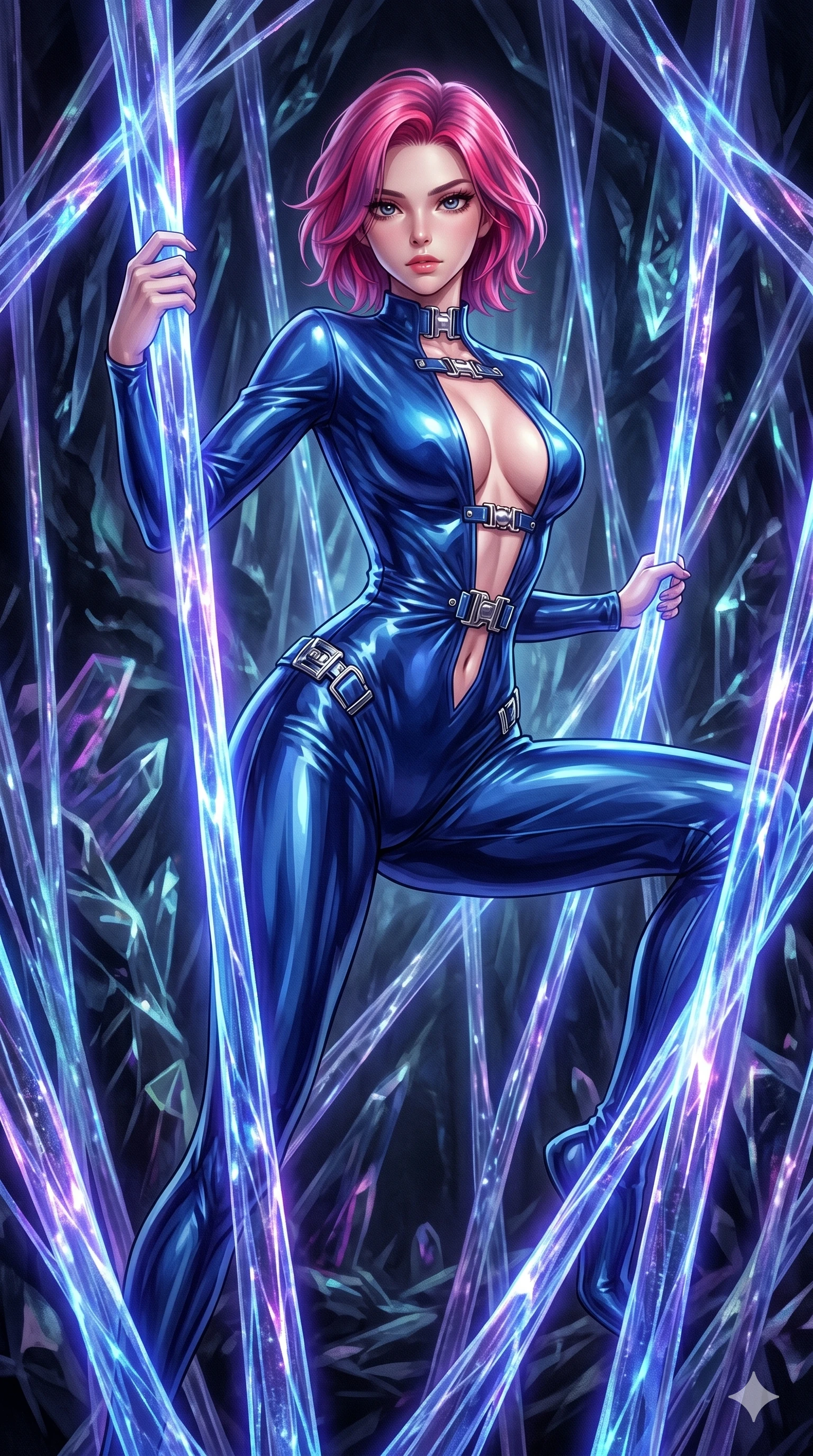 score_9, masterpiece, best quality, ultra-detailed, High-budget Anime Keyframe, East Asian woman. Dynamic full-body shot stretching the vertical silhouette to the limit. Scenario 232: Trapped in a cage of glowing crystalline fibers, body pressing against the bars. Her presence is magnetic and overpowering in this high-budget anime scene. Outfit 232: A molten liquid silk second with a plunging V-neckline and metallic buckles. The clothing is designed to emphasize her exceptionally tall and slender 8-heads proportion. 8-heads proportion, towering silhouette, ultra-slim waist. sharp v-shaped jawline, intricate jewel-like eyes with depth, thick eyelashes, glossy lips. 2k, ultra detail, master piece, 9:16 ratio