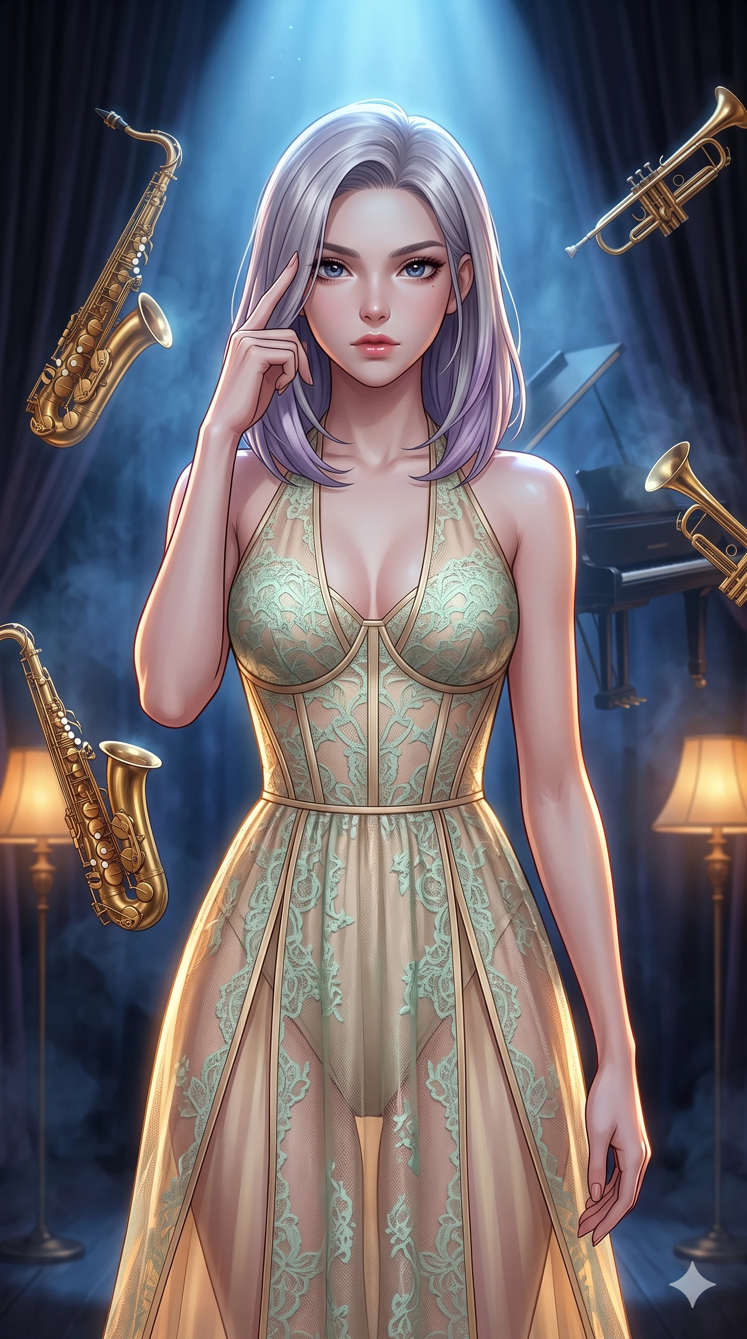 score_9, masterpiece, best quality, ultra-detailed, high-budget anime keyframe, editorial fashion photography, tasteful artistic composition, Caucasian woman, strictly human ears. close-up cowboy shot from the waist and thighs up, the character dominates the composition, filling the frame with her large presence, background elements kept in soft focus. Pressing two fingers to her temple in a composed thoughtful gesture. set against a soft-focus background of commanding the spotlight on a velvet-curtained jazz club stage surrounded by floating brass saxophones and trumpets that gleam in the smoky blue atmosphere with a grand piano hovering behind her. She has an exceptionally elegant and slender, willowy female figure with an ultra-slim waist, a gracefully sculpted slender torso, and a refined slim physique. sharp v-shaped jawline, high-bridge nose, intricate jewel-like eyes with depth, thick eyelashes, glossy lips with a natural sheen. wearing a semi-transparent halter dress in champagne gold, featuring a mint green lace overlay and a visible structured corset bodice. a single cool blue spotlight from above creating dramatic stage shadows with warm amber accent lights from vintage floor lamps gilding the edges. 2k, ultra detail, master piece, 9:16 ratio