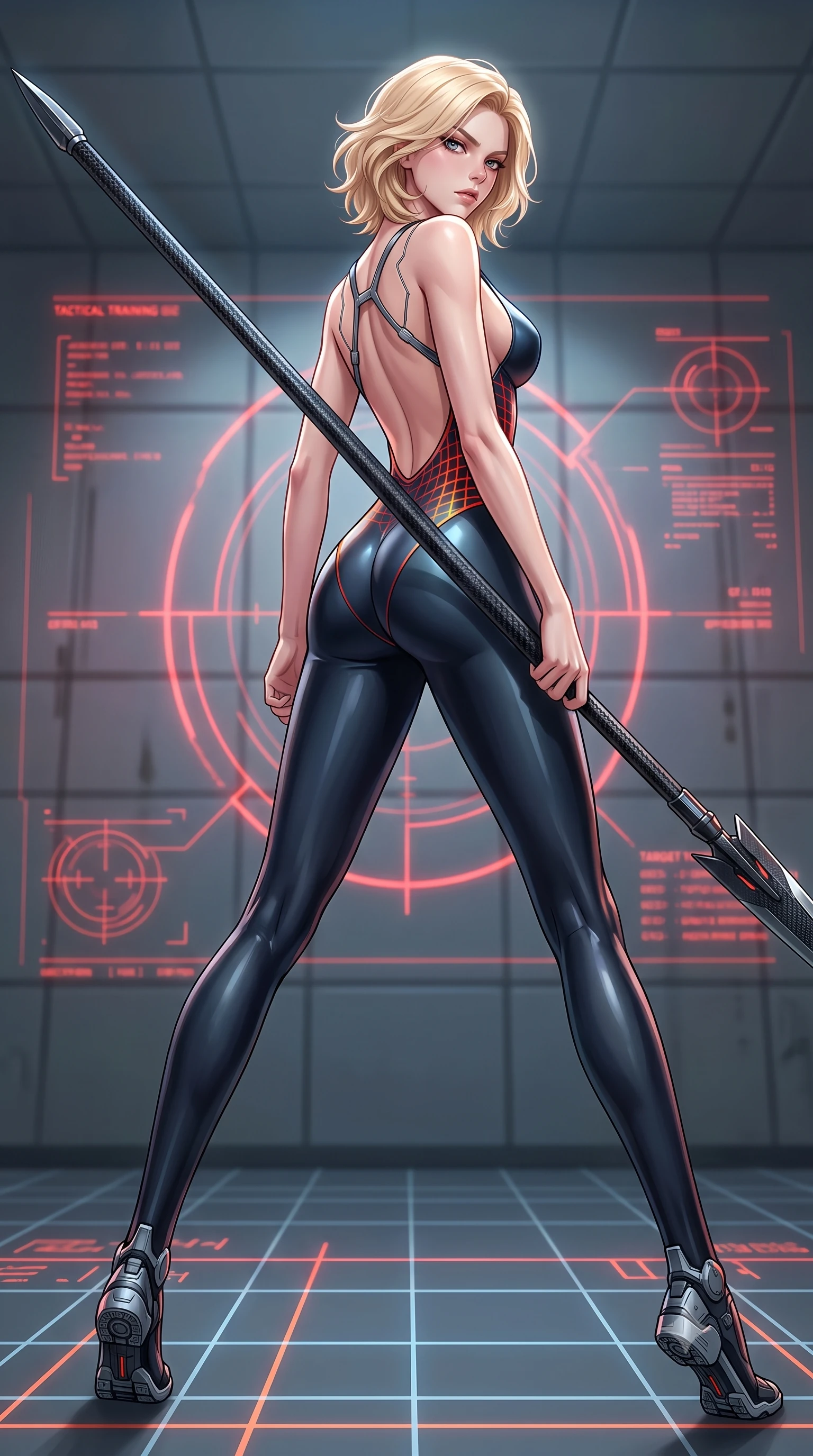 score_9, masterpiece, best quality, ultra-detailed, high-budget anime keyframe, editorial fashion photography, tasteful artistic composition, Caucasian woman. low angle full-body shot from head to toe showing her feet, filling the entire 9:16 vertical frame with her statuesque presence, stretching her vertical silhouette. standing in a dynamic combat stance with a carbon-fiber spear held diagonally, stretching her statuesque body, the background shows a soft-focus a tactical training grid with red target outlines projecting onto the walls. She has an absolutely perfect, statuesque 8.5-heads proportion, an exceptionally tall and slender model-like female figure with impossibly long slender legs and an ultra-slim waist. sharp v-shaped jawline, high-bridge nose, intricate jewel-like eyes with depth, thick eyelashes, glossy lips with a natural sheen. wearing a form-contouring low-cut cybernetic bodysuit with open-back design and thin structural straps crossing her bare shoulder blades. shifting red and orange warning gridlines tracing her athletic, slender torso. highly saturated vibrant anime colors, detailed shading with soft gradients, rich glossy textures, high-contrast stereoscopic depth, volumetric dynamic lighting, master piece, 9:16 ratio