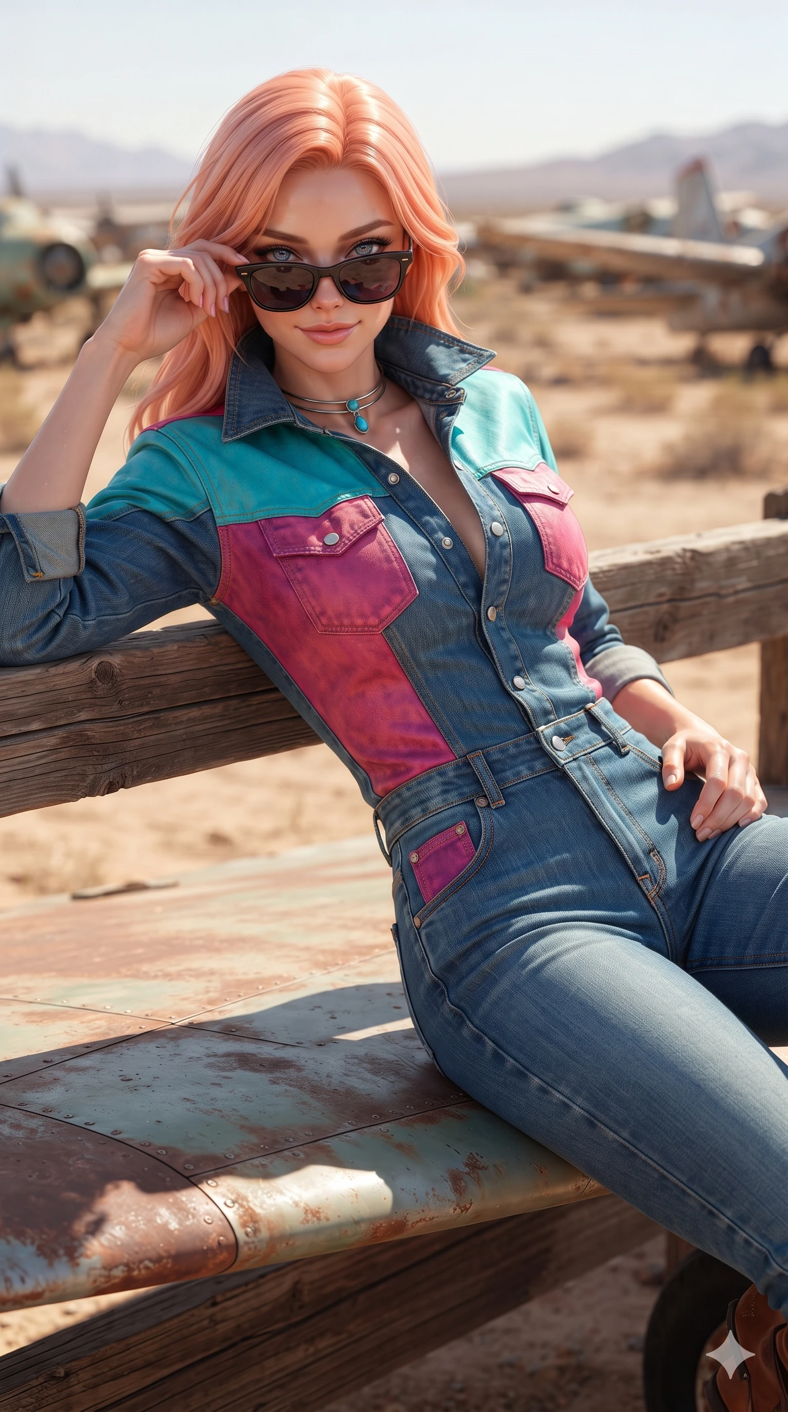 score_9, masterpiece, best quality, ultra-detailed, high-budget anime keyframe, editorial fashion photography, tasteful artistic composition, Japanese woman. close-up cowboy shot from the waist and thighs up, the character dominates the composition, filling the frame with her large presence. leaning against the timber guardrail with hips cocked back, looking through dark sunglasses with an alluring, confident half-smile while lounging across a weathered aircraft wing tip propped on one elbow, her flat midriff and long slender legs commanding the panoramic desert boneyard. The background shows a soft-focus aircraft boneyard graveyard softened in surreal desert aviation shallow focus. She has an exceptionally elegant, slender, and willowy female figure with an ultra-slim waist, flat toned midriff, narrow ribcage, and sculpted feminine hips creating an alluring, slim hourglass silhouette without bulk. sharp v-shaped jawline, high-bridge nose, sparkling eyes with hypnotic seductive depth, thick curled eyelashes, glossy parted lips with a natural dewy peach sheen, alluring bedroom-eyes with an enchanting coquettish smile, exuding magnetic siren charisma and sophisticated glamour, flawlessly proportioned anatomical accuracy, strict slender model proportions, natural body alignment, perfectly sculpted long slender limbs, ultra-slim waistline, clean dynamic posture without body distortion. wearing a bespoke tailored denim jumpsuit with structured collar and polished western pearl snap buttons in blazing desert neon turquoise and fiery magenta, crafted from rugged heavy-duty canvas and oiled leather with authentic desert durability, finished with a minimalist chrome choker and a single turquoise stone pendant, the impeccably tailored cut draping gracefully along her slender figure with aristocratic western poise. illuminated by aluminum wing ground bounce and sharp silver-amber rim lights sculpting her razor-sharp jawline, narrow waist, and curvy hips. ultra-reflective glossy finish, specular highlights, rich textural contrasts, high-contrast stereoscopic depth, volumetric dynamic lighting, 2k, ultra detail, master piece, 9:16 ratio