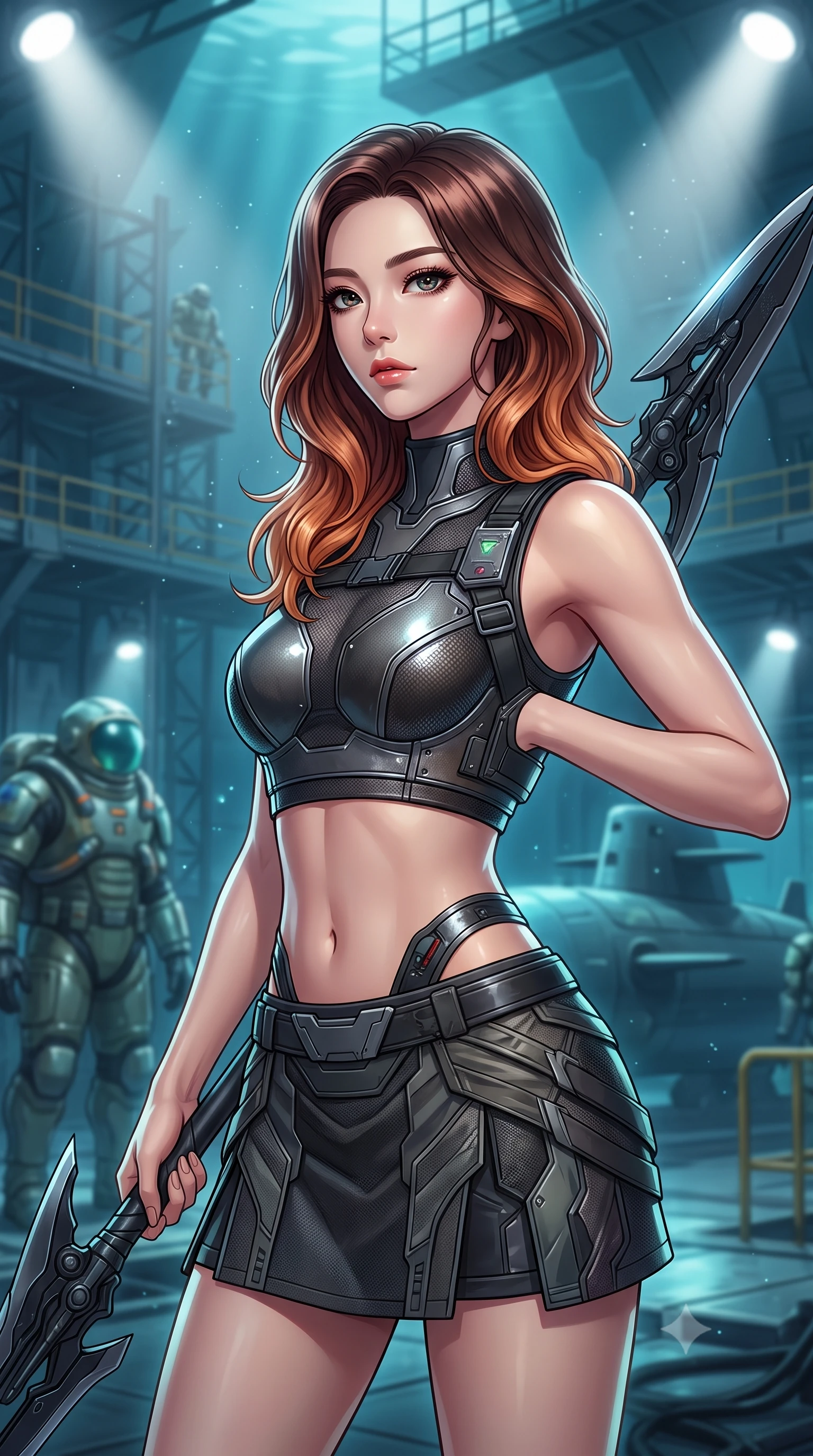score_9, masterpiece, best quality, ultra-detailed, high-budget anime keyframe, editorial fashion photography, tasteful artistic composition, Korean woman. close-up cowboy shot from the waist and thighs up, the character dominates the composition, filling the frame with her large presence, background elements kept in soft focus. holding a deactivated nanotech glaive, looking past the camera with quiet, sharp focus and a composed expression, the background shows a soft-focus a secret underwater hangar bay with steel scaffolds and diving armor suits. She has an exceptionally elegant, slender, and willowy female figure with an ultra-slim waist, a gracefully sculpted slender torso, and a refined silhouette. sharp v-shaped jawline, high-bridge nose, intricate jewel-like eyes with depth, thick eyelashes, glossy lips with a natural sheen. wearing a tailored modern carbon-alloy crop top paired with a low-rise tactical skirt and a subtle waist cut-out. focused white halogen spotlights casting sharp, detailed shadows across her build. highly saturated vibrant anime colors, detailed shading with soft gradients, rich glossy textures, high-contrast stereoscopic depth, volumetric dynamic lighting, master piece, 9:16 ratio