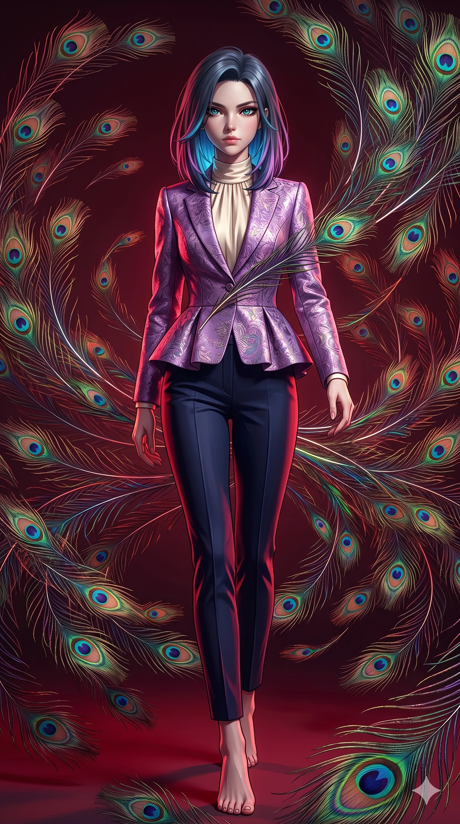 score_9, masterpiece, best quality, ultra-detailed, high-budget anime keyframe, editorial fashion photography, tasteful artistic composition, Caucasian woman, strictly human ears. low angle full-body shot from head to toe showing her feet, filling the entire 9:16 vertical frame with her statuesque presence, stretching her vertical silhouette. striding with confident determination through caught in a magnificent storm of thousands of iridescent peacock feathers that catch and scatter light into rainbow fractals as they swirl in complex spiraling patterns through the air. She has a statuesque 8.5-heads proportion, an exceptionally tall, slender and willowy model-like build with impossibly long legs and a highly sculpted ultra-slim waist. sharp v-shaped jawline, high-bridge nose, intricate jewel-like eyes with depth, thick eyelashes, glossy lips with a natural sheen. wearing a sophisticated peplum jacket in rich lilac brocade over a high-neck cream silk blouse and tailored navy cigarette pants. deep crimson theatrical lighting with sharp specular highlights on every curve. 2k, ultra detail, master piece, 9:16 ratio