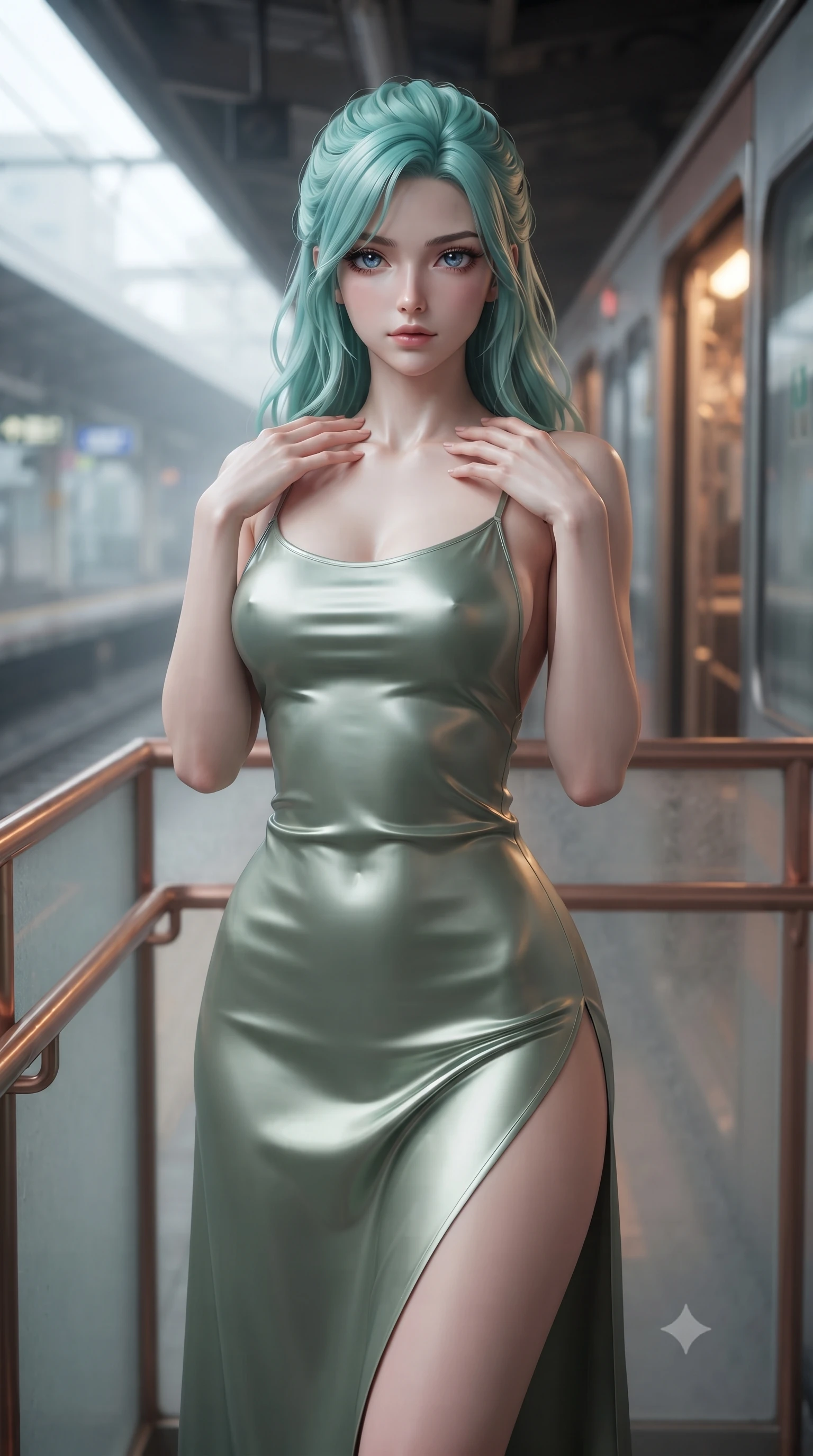 score_9, masterpiece, best quality, ultra-detailed, high-budget anime keyframe, editorial fashion photography, tasteful artistic composition, Japanese woman. close-up cowboy shot from the waist and thighs up, the character dominates the composition, filling the frame with her large presence, background elements kept in soft focus. standing in a relaxed, elegant posture with both hands resting lightly on her collarbone, looking at the viewer with bedroom-eyes, the background shows a soft-focus a train platform vestibule with copper handrails and misty glass panels. She has an exceptionally elegant, slender, and willowy female figure with an ultra-slim waist, a gracefully sculpted slender torso, and a refined silhouette. sharp v-shaped jawline, high-bridge nose, intricate jewel-like eyes with depth, thick eyelashes, glossy lips with a natural sheen. wearing a slim-fit lightweight silk combat slip dress in sage green, featuring a high side slit and a low-cut back. cool ambient daylight contrasting with warm amber light from train cabin. ultra-reflective glossy finish, specular highlights, metallic sheen, high-contrast stereoscopic depth, volumetric dynamic lighting, 2k, ultra detail, master piece, 9:16 ratio