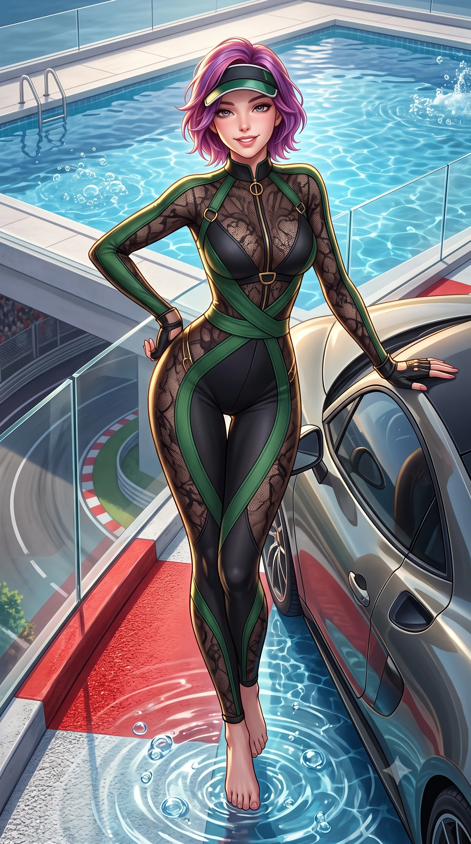 score_9, masterpiece, best quality, ultra-detailed, high-budget anime keyframe, semi-realistic 3D game render, editorial fashion photography, tasteful artistic composition, Caucasian woman. low angle full-body shot from head to toe showing her feet, filling the entire 9:16 vertical frame with her statuesque presence, stretching her vertical silhouette. standing in a tall, confident posture with one hand on the sports car roof, stretching her statuesque body as she arches her lower back to emphasize her sculpted feminine hips and slender waist while standing poised on the rooftop pool terrace directly overlooking the famous tight hairpin curve, arching her back with breathtaking glamour. The surrounding environment is rendered in vivid detail and crisp panoramic clarity: sharp red curb paint texture, glass balustrade clarity, and bubbling pool water surface ripples in deep focus. She has an absolutely perfect, statuesque 8.5-heads proportion, an exceptionally tall and slender model-like female figure with impossibly long slender legs, an ultra-slim waist, a flat toned midriff, narrow delicate ribcage, and beautifully sculpted feminine hips creating a graceful, slim hourglass silhouette without any bulky heaviness. sharp v-shaped jawline, high-bridge nose, sparkling eyes with athletic focus and depth, thick curled eyelashes, glossy parted lips with a natural coral-peach sheen, bright confident and coquettish smile with alluring bedroom-eyes, exuding both youthful sporty vigor and sovereign high-society glamour, flawlessly proportioned anatomical accuracy, strict slender model proportions, natural body alignment, perfectly sculpted long slender limbs, ultra-slim waistline, clean dynamic posture without body distortion. wearing a high-performance speeder racing suit in matte black and Wimbledon green with gold hardware rings in warm oatmeal beige and deep Ferrari yellow, crafted from sheer delicate stretch lace reinforced with technical sport threads, accented with a sporty retro tennis visor and fingerless leather driving gloves, the high-waisted wrap tailoring accentuating her ultra-slim waistline and the enchanting curve of her feminine hips with alluring sporty charm. illuminated by pool water caustic bounce and sharp warm-gold rim lights sculpting her razor-sharp jawline, narrow waist, and curvy hips. highly saturated vibrant anime colors, detailed shading with soft gradients, rich glossy textures, high-contrast stereoscopic depth, volumetric dynamic lighting, master piece, 9:16 ratio