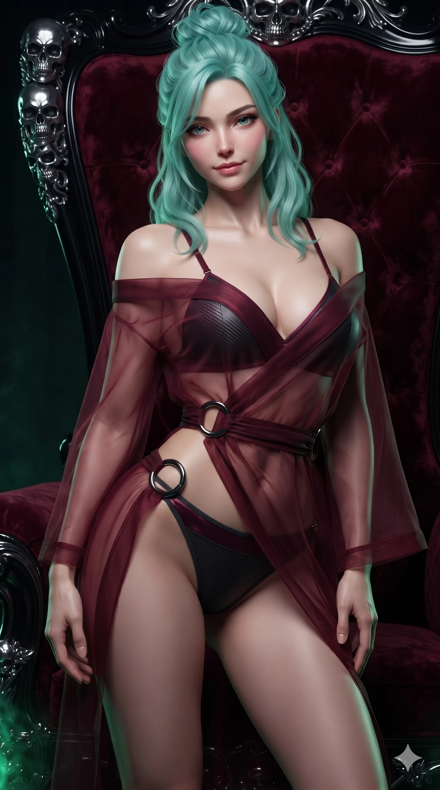 score_9, masterpiece, best quality, ultra-detailed, high-budget anime keyframe, editorial fashion photography, tasteful artistic composition, Japanese woman. close-up cowboy shot from the waist and thighs up, the character dominates the composition, filling the frame with her large presence. tilting her head with a teasing half-smile, running one hand slowly down the side of her hip in a flirtatious S-curve while twisting her slender torso in an alluring contrapposto stance before the skull-embossed dais, emerald firelight carving specular highlights along her silhouette. The surrounding environment is rendered in vivid detail and crisp panoramic clarity: sharp silver skull filigree carvings, deep crushed velvet pile texture, and polished obsidian throne arm facets in deep focus. She has an exceptionally elegant, slender, and willowy female figure with an ultra-slim waist, flat toned midriff, narrow ribcage, and sculpted feminine hips creating an alluring, slim hourglass silhouette without bulk. sharp v-shaped jawline, high-bridge nose, intricate jewel-like dark sparkling eyes with hypnotic seductive depth, thick curled eyelashes, glossy parted lips with a natural wine sheen, alluring bedroom-eyes with an enigmatic smoldering smile, exuding magnetic sovereign charisma and dark avant-garde glamour, flawlessly proportioned anatomical accuracy, strict slender model proportions, natural body alignment, perfectly sculpted long slender limbs, ultra-slim waistline, clean dynamic posture without body distortion. wearing a sheer gossamer organza evening kimono slipping off bare shoulders over a matching satin micro-bralette and briefs in deep crimson burgundy and matte charcoal, woven from matte carbon-fiber weave with high-tech structural hold, accented with sculpted obsidian chrome rings at the waist, the high-slit wrap tailoring accentuating her ultra-slim waistline and the enchanting curve of her feminine hips with alluring seductive charm. illuminated by velvet dais floor bounce and sharp emerald-platinum rim lights sculpting her razor-sharp jawline, narrow waist, and curvy hips. ultra-reflective glossy finish, specular highlights, metallic sheen, high-contrast stereoscopic depth, volumetric dynamic lighting, 2k, ultra detail, master piece, 9:16 ratio