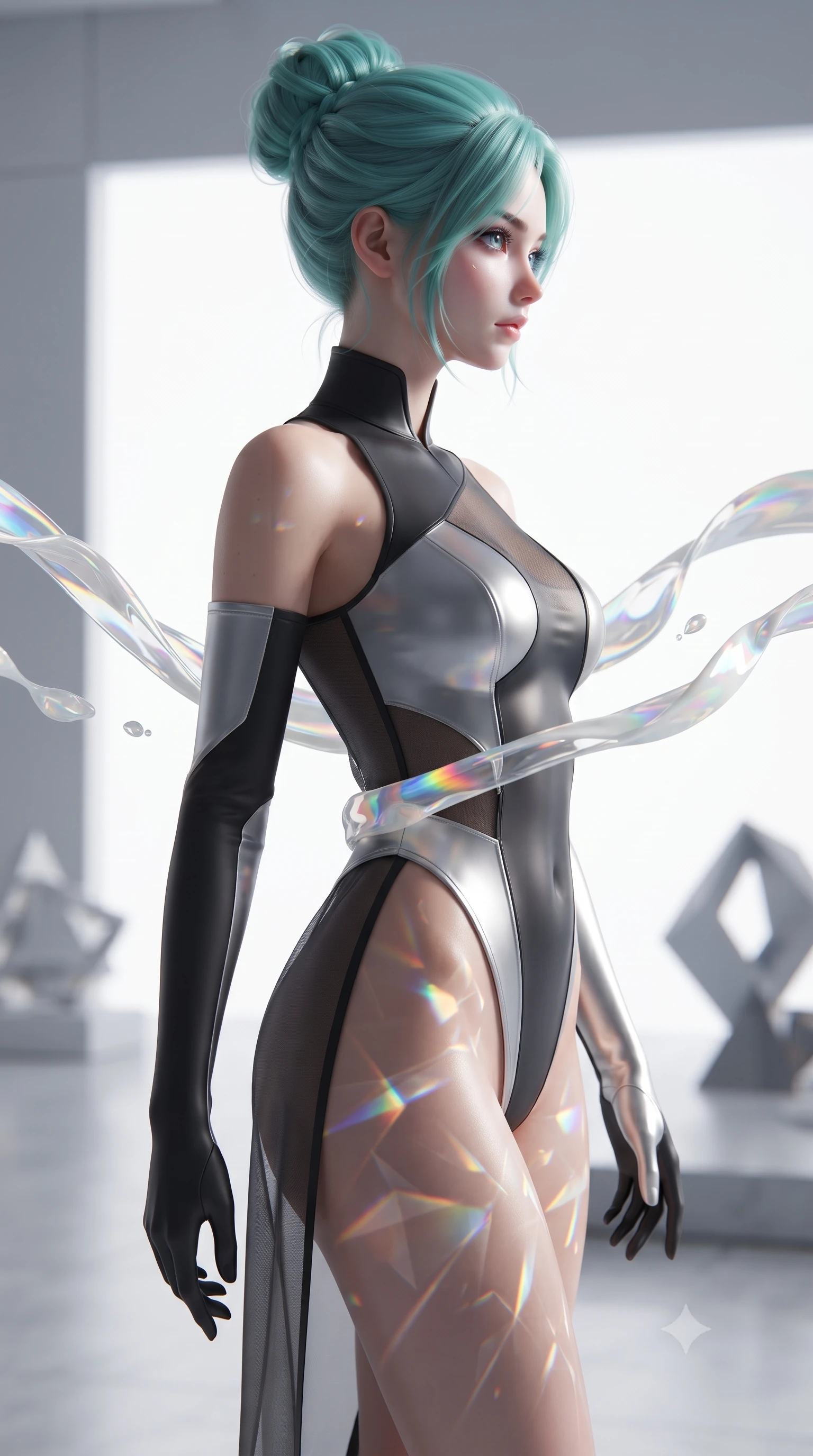 score_9, masterpiece, best quality, ultra-detailed, high-budget anime keyframe, editorial fashion photography, tasteful artistic composition, Japanese woman. close-up cowboy shot from the waist and thighs up, the character dominates the composition, filling the frame with her large presence, background elements kept in soft focus. Turning her face in sharp dramatic profile against the bright light, showcasing her sharp v-shaped jawline guiding viscous opal paint ribbons hovering gracefully in mid-air, a kaleidoscope of refractions forming geometric light patterns on her skin. She has an exceptionally elegant, slender, and willowy female figure with an ultra-slim waist, a gracefully sculpted slender torso, and a refined silhouette. sharp v-shaped jawline, high-bridge nose, intricate jewel-like eyes with depth, thick eyelashes, glossy lips with a natural sheen. wearing an asymmetrical high-cut tech-bodysuit with detached sleeves in matte black and polished silver, woven from fine semi-opaque sheer organza, finished with a sleek side slit ascending to mid-thigh, the glove-like fit emphasizing her statuesque silhouette. drenched in bright white key light with colorful prismatic rim lighting. ultra-reflective glossy finish, specular highlights, metallic sheen, high-contrast stereoscopic depth, volumetric dynamic lighting, 2k, ultra detail, master piece, 9:16 ratio