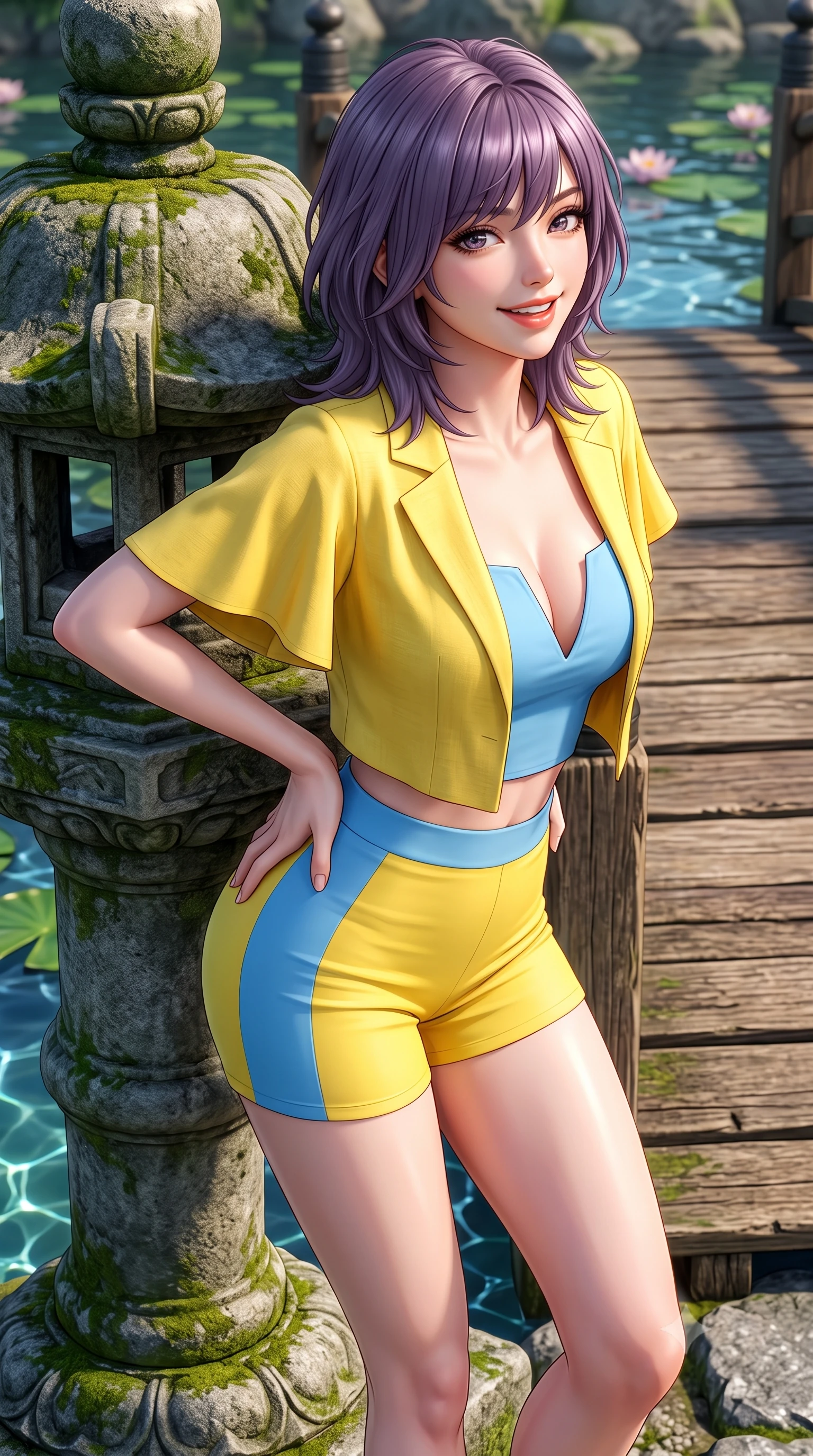 score_9, masterpiece, best quality, ultra-detailed, high-budget anime keyframe, semi-realistic 3D game render, editorial fashion photography, tasteful artistic composition, Japanese woman. close-up cowboy shot from the waist and thighs up, the character dominates the composition, filling the frame with her large presence. twisting her slender torso in an alluring contrapposto stance, one hand resting on her sculpted hip while flashing a radiant, playful smile with parted glossy lips while leaning against a moss-covered stone lantern with hips cocked back, looking over a bare shoulder with an enchanting, playful gaze. The surrounding environment is rendered in vivid detail and crisp panoramic clarity. sharp stone lantern textures, wooden footbridge plank grain, and lotus leaf water caustics in deep focus. She has an exceptionally elegant, slender, and willowy female figure with an ultra-slim waist, flat toned midriff, narrow ribcage, and sculpted feminine hips creating an alluring, slim hourglass silhouette without bulk. sharp v-shaped jawline, high-bridge nose, intricate jewel-like sparkling eyes with depth, thick eyelashes, glossy parted lips with a natural peach sheen, bright cheerful beaming smile with an enchanting and coquettish sensual glint, exuding both youthful cute charm and seductive allure, flawlessly proportioned anatomical accuracy, strict slender model proportions, natural body alignment, perfectly sculpted long slender limbs, ultra-slim waistline, clean dynamic posture without body distortion. wearing a chic cropped linen blazer worn with a plunging-V camisole and high-waisted tailored hot-pants showcasing her long slender legs in sunny daffodil yellow and clear sky blue, crafted from liquid-tight stretch jersey emphasizing every curve, featuring elegant flutter sleeves and a graceful square neckline, the liquid-tight tailored fabric clinging flawlessly to her narrow waist and rounded feminine hips, emphasizing every millimeter of her sculpted slim hourglass curves without any bulky heaviness. illuminated by calm pond water reflections sharply defining her razor-sharp jawline, narrow waist, and curvy hips. highly saturated vibrant anime colors, detailed shading with soft gradients, rich glossy textures, high-contrast stereoscopic depth, volumetric dynamic lighting, master piece, 9:16 ratio
