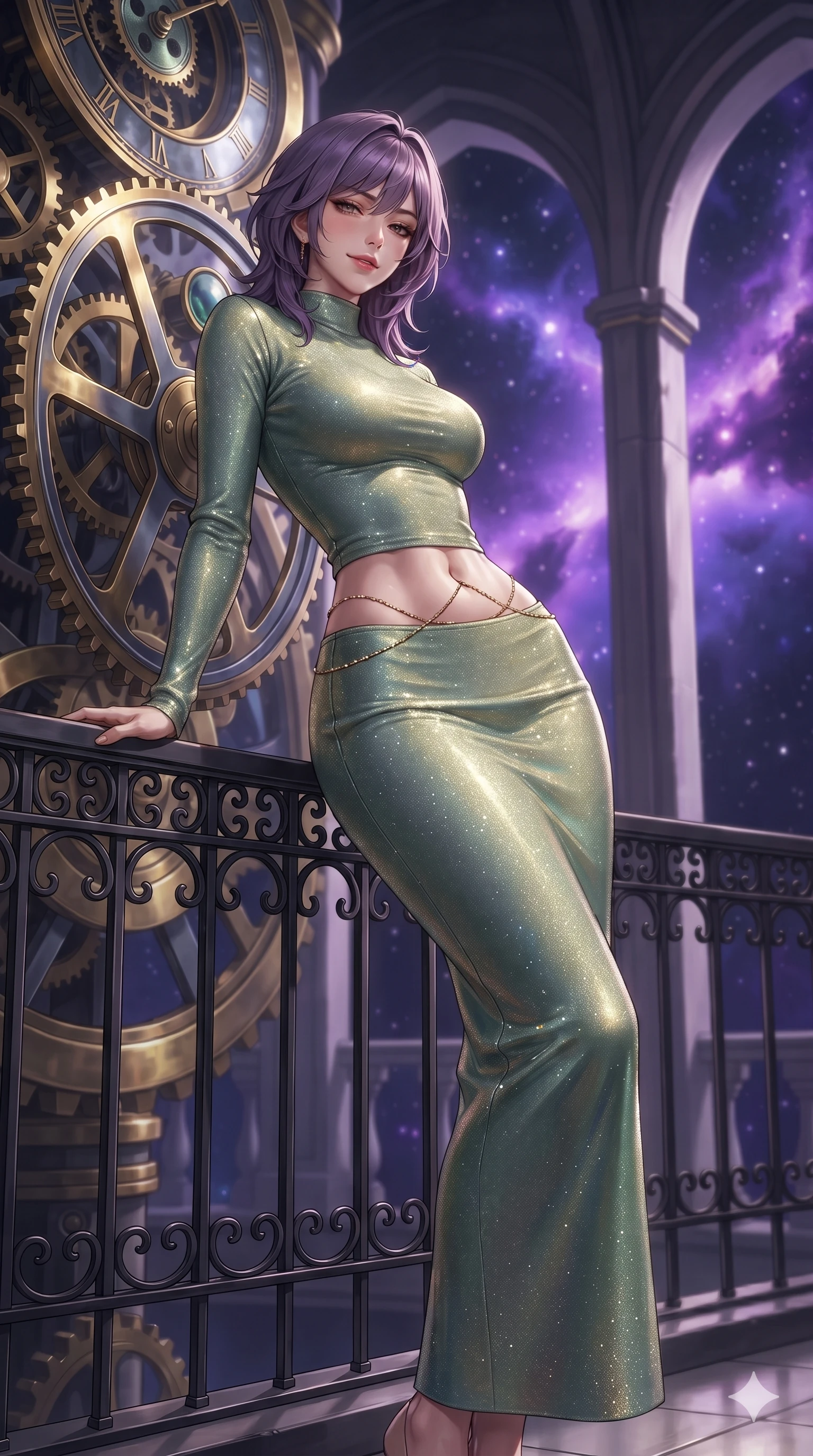 score_9, masterpiece, best quality, ultra-detailed, high-budget anime keyframe, editorial fashion photography, tasteful artistic composition, Japanese woman. low angle full-body shot from head to toe showing her feet, filling the entire 9:16 vertical frame with her statuesque presence, stretching her vertical silhouette. leaning deep against the balcony balustrade with hips cocked back in an unapologetically alluring high-fashion stance, casting an intoxicating glance while leaning against the massive escapement wheel with hips cocked back, watching glowing purple nebulae drift through soaring open arches with heavy-lidded bedroom-eyes. The background shows a soft-focus astronomical observatory particulate glow softened in celestial clockwork tower shallow focus. She has an exceptionally tall and slender model-like 8.5-heads proportion, an ultra-slim waist, a flat toned midriff, narrow delicate ribcage, and beautifully sculpted feminine hips creating a graceful, slim hourglass silhouette without any bulky heaviness, with impossibly long slender legs. sharp v-shaped jawline, high-bridge nose, intricate jewel-like sparkling eyes with depth, thick eyelashes, glossy parted lips with a natural peach sheen, bright cheerful beaming smile with an enchanting and coquettish sensual glint, exuding both youthful cute charm and seductive allure, flawlessly proportioned anatomical accuracy, strict slender model proportions, natural body alignment, perfectly sculpted long slender limbs, ultra-slim waistline, clean dynamic posture without body distortion. wearing a body-contouring metallic lurex knit column dress casting radiant starlight shimmer across her flat midriff in celadon jade and antique gold-leaf, crafted from bespoke double-faced cashmere with an exceptionally soft tactile finish, accented with a dainty gold belly chain resting across her flat midriff and curving hips, the second-skin tailored fabric adhering flawlessly to her sculpted flat midriff and slender torso, emphasizing her long leg lines and perfectly proportioned willowy build. illuminated by gear train reflection bounce and sharp gold-violet rim lights sculpting her razor-sharp jawline, narrow waist, and curvy hips. ultra-reflective glossy finish, specular highlights, rich textural contrasts, high-contrast stereoscopic depth, volumetric dynamic lighting, 2k, ultra detail, master piece, 9:16 ratio