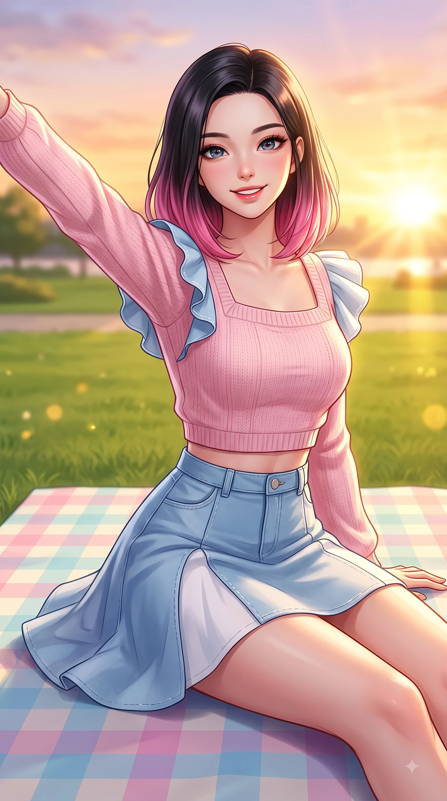 score_9, masterpiece, best quality, ultra-detailed, high-budget anime keyframe, editorial fashion photography, tasteful artistic composition, Korean woman. close-up cowboy shot from the waist and thighs up, the character dominates the composition, filling the frame with her large presence. Fresh enchanting smile, her eyes twinkling like jewels in the bright sunlight as one arm reaches out cheerfully while sitting gracefully on a pastel checkered picnic mat on a green riverfront lawn during golden hour. The composition keeps background elements in soft focus with dreamy bokeh. green park lawns and soft sunset sky gradients blurred smoothly behind her radiant figure. She has an exceptionally elegant, slender, and willowy female figure with an ultra-slim waist, a gracefully sculpted slender torso, and a refined silhouette. sharp v-shaped jawline, high-bridge nose, intricate jewel-like eyes with depth, thick eyelashes, glossy lips with a natural sheen, flawlessly proportioned anatomical accuracy, natural body alignment, perfectly sculpted elegant limbs, clean dynamic posture without body distortion. wearing a sweet baby-pink cropped knit sweater with a high-waisted denim A-line skirt in baby blue and cloud white, crafted from soft breathable linen, featuring elegant flutter sleeves and a graceful square neckline, the breezy lightweight fabric fluttering softly against her delicate frame. bathed in glorious golden hour sunset sunbeams and warm amber sky radiance. highly saturated vibrant anime colors, detailed shading with soft gradients, rich glossy textures, high-contrast stereoscopic depth, volumetric dynamic lighting, master piece, 9:16 ratio