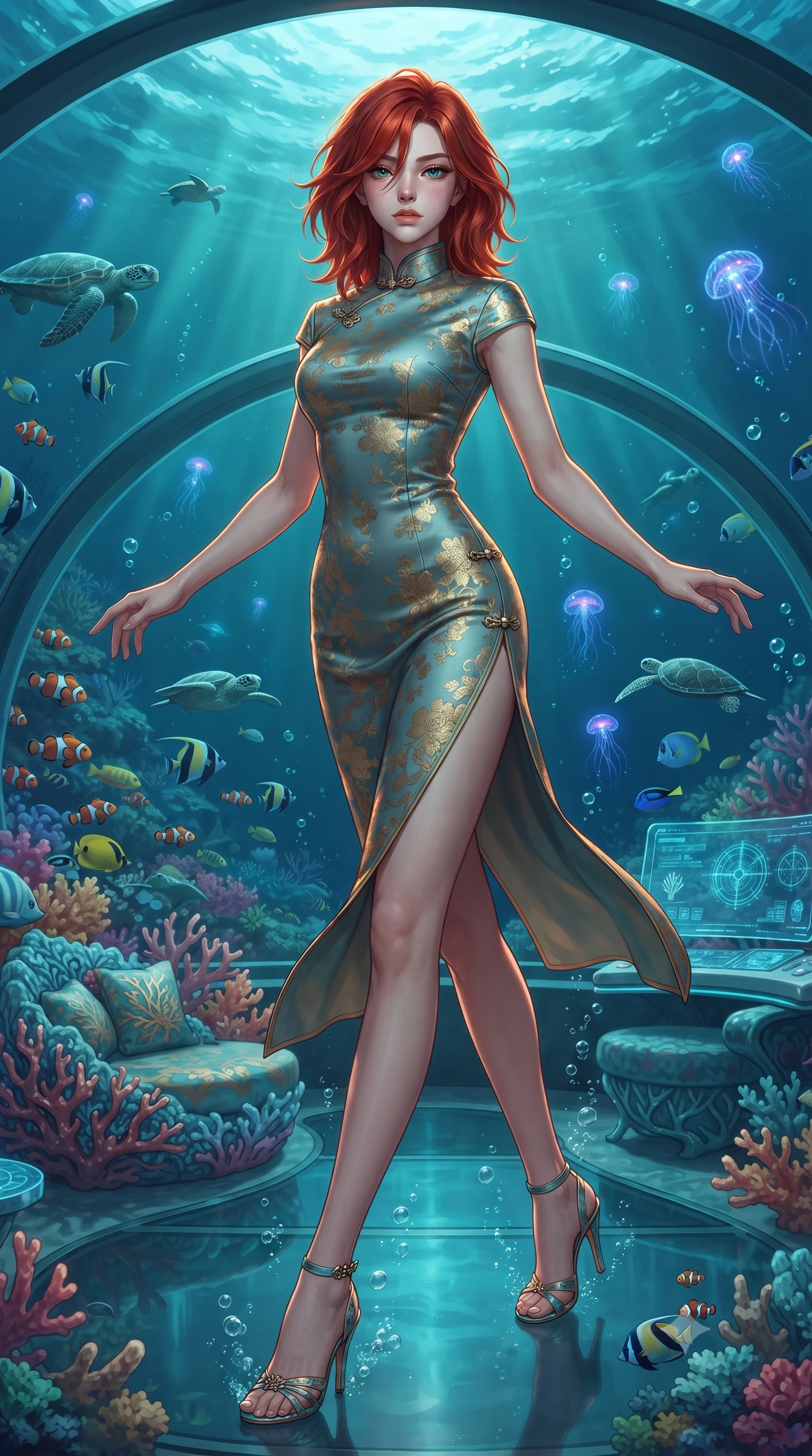 score_9, masterpiece, best quality, ultra-detailed, high-budget anime keyframe, editorial fashion photography, tasteful artistic composition, Korean woman. low angle full-body shot from head to toe showing her feet, filling the entire 9:16 vertical frame with her statuesque presence, stretching her vertical silhouette. navigating with fluid motion through inside a transparent dome lounge resting on the ocean floor with colorful coral reef gardens surrounding it tropical fish and sea turtles gliding past the curved glass walls and bioluminescent creatures pulsing in the deep. She has a statuesque 8.5-heads proportion, an exceptionally tall, slender and willowy model-like build with impossibly long legs and a highly sculpted ultra-slim waist. sharp v-shaped jawline, high-bridge nose, intricate jewel-like eyes with depth, thick eyelashes, glossy lips with a natural sheen. wearing a modernized qipao-inspired dress in a muted teal and gold floral print with a mandarin collar. warm amber rim lighting combined with cool teal fill light creating dramatic contrast. 2k, ultra detail, master piece, 9:16 ratio