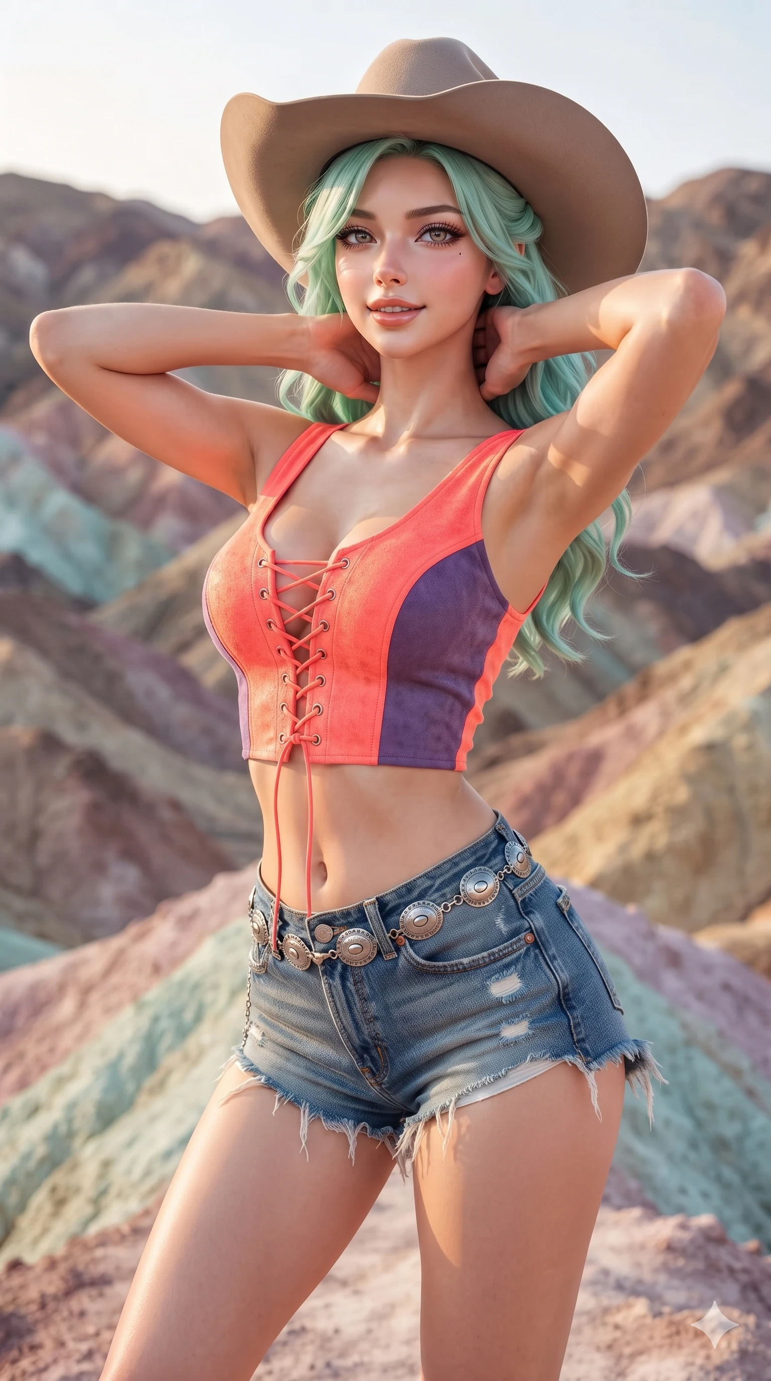 score_9, masterpiece, best quality, ultra-detailed, high-budget anime keyframe, editorial fashion photography, tasteful artistic composition, Japanese woman. close-up cowboy shot from the waist and thighs up, the character dominates the composition, filling the frame with her large presence. resting both hands lightly behind her neck with elbows raised, arching her spine to highlight her narrow waist, flat midriff, and breathtaking collarbones while standing poised on the pastel mineral ridge as desert breezes whip her garments open, arching her spine with supermodel poise against the multicolored hills. The surrounding environment is rendered in vivid detail and crisp panoramic clarity: detailed high-Mandarin wrap dress tailoring, metallic lamé fabric sheen, and geological grandeur in razor-sharp precision. She has an exceptionally elegant, slender, and willowy female figure with an ultra-slim waist, flat toned midriff, narrow ribcage, and sculpted feminine hips creating an alluring, slim hourglass silhouette without bulk. sharp v-shaped jawline, high-bridge nose, sparkling eyes with hypnotic seductive depth, thick curled eyelashes, glossy parted lips with a natural dewy peach sheen, alluring bedroom-eyes with an enchanting coquettish smile, exuding magnetic siren charisma and sophisticated glamour, flawlessly proportioned anatomical accuracy, strict slender model proportions, natural body alignment, perfectly sculpted long slender limbs, ultra-slim waistline, clean dynamic posture without body distortion. wearing a plunging lace-up suede bustier top paired with ultra-short frayed denim cutoffs and a silver concho waist chain in blazing neon coral and desert twilight violet, woven from bespoke sun-bleached selvedge denim with rich tactile slub texture, finished with a wide-brimmed felt cowboy hat tipped back to frame her face and long glossy hair, the form-contouring cut accentuating her sculpted flat midriff, narrow delicate ribcage, and gracefully curvy hips with intoxicating allure. bathed in the warm, diffused 3000K afternoon light bringing out the vibrant natural mineral pigments of the volcanic hills. ultra-reflective glossy finish, specular highlights, rich textural contrasts, high-contrast stereoscopic depth, volumetric dynamic lighting, 2k, ultra detail, master piece, 9:16 ratio