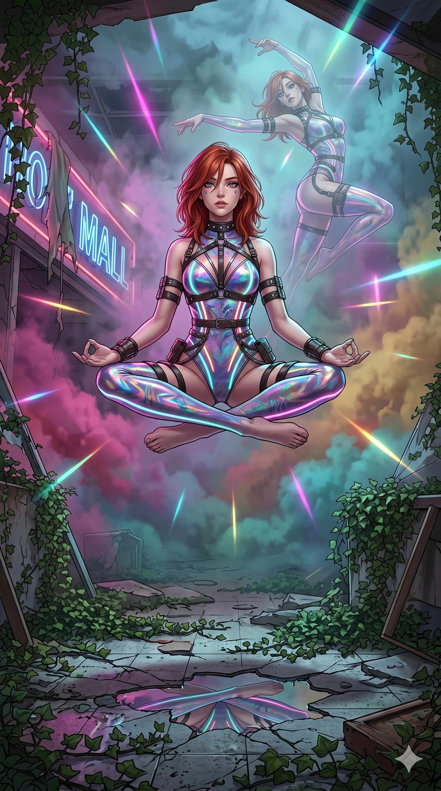 score_9, masterpiece, best quality, ultra-detailed, Set A: High-budget Anime Keyframe, Caucasian (human ears) woman. Low angle cowboy shot filling the entire 9:16 frame with her statuesque presence. Theme: Ethereal Dream. meditating in a ruined overgrown shopping mall, as her reflection in the air starts to dance independently 85. The atmosphere is filled with heavy smog with neon flares. She has an absolutely perfect 8-heads proportion, an exceptionally tall and slender female figure with impossibly long slender legs and an ultra-slim waist. Sharp v-shaped jawline, high-bridge nose, intricate jewel-like eyes with depth, glossy lips. Wearing Holographic circus-performer outfit with glowing stripes and leather harnesses. Cinematic lighting, vivid colors, dramatic shadows, 2k, ultra detail, master piece, 9:16 ratio