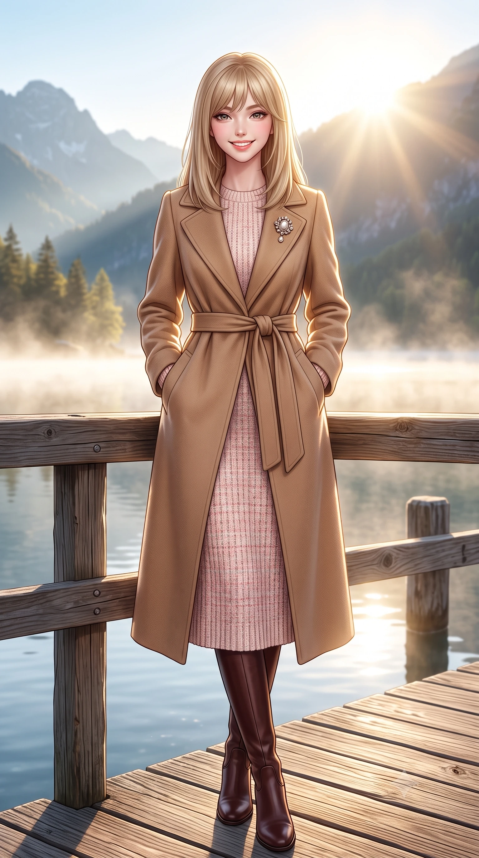 score_9, masterpiece, best quality, ultra-detailed, high-budget anime keyframe, semi-realistic 3D game render, editorial fashion photography, tasteful artistic composition, Japanese woman. low angle full-body shot from head to toe showing her feet, filling the entire 9:16 vertical frame with her statuesque presence, stretching her vertical silhouette. standing tall and centered in the frame with hands tucked into her coat pockets, radiating statuesque poise and calm warmth while leaning against the rustic timber pier railing, watching mist dance across the lake surface with tranquil poetic charm. The surrounding environment is rendered in vivid detail and crisp panoramic clarity: detailed quilted down-tailored coat quilting, high funnel neck collar, and alpine lakeside topography in high resolution. She has an exceptionally tall and slender model-like 8.5-heads proportion, an ultra-slim waist, a flat toned midriff, narrow delicate ribcage, and beautifully sculpted feminine hips creating a graceful, slim hourglass silhouette without any bulky heaviness, with impossibly long slender legs. sharp v-shaped jawline, high-bridge nose, intricate jewel-like sparkling eyes with depth, thick eyelashes, glossy parted lips with a natural peach sheen, bright cheerful beaming smile with an enchanting and coquettish sensual glint, exuding both youthful cute charm and seductive allure, flawlessly proportioned anatomical accuracy, strict slender model proportions, natural body alignment, perfectly sculpted long slender limbs, ultra-slim waistline, clean dynamic posture without body distortion. wearing a tailored belted cashmere wrap coat in warm camel layered over a fine ribbed knit midi dress in Parisian pastel rose bouclé and cream pearl, tailored from heritage British Harris Tweed with rich multi-tonal yarn weave, complemented by an antique baroque pearl brooch pinned tastefully on the lapel, the bespoke architectural tailoring hugging her natural waistline with sartorial precision, creating a clean graceful hourglass silhouette with tall model elegance. bathed in crisp, sparkling morning sun breaking over mountain crests, illuminating lake mist with ethereal golden backlighting. highly saturated vibrant anime colors, detailed shading with soft gradients, rich glossy textures, high-contrast stereoscopic depth, volumetric dynamic lighting, master piece, 9:16 ratio