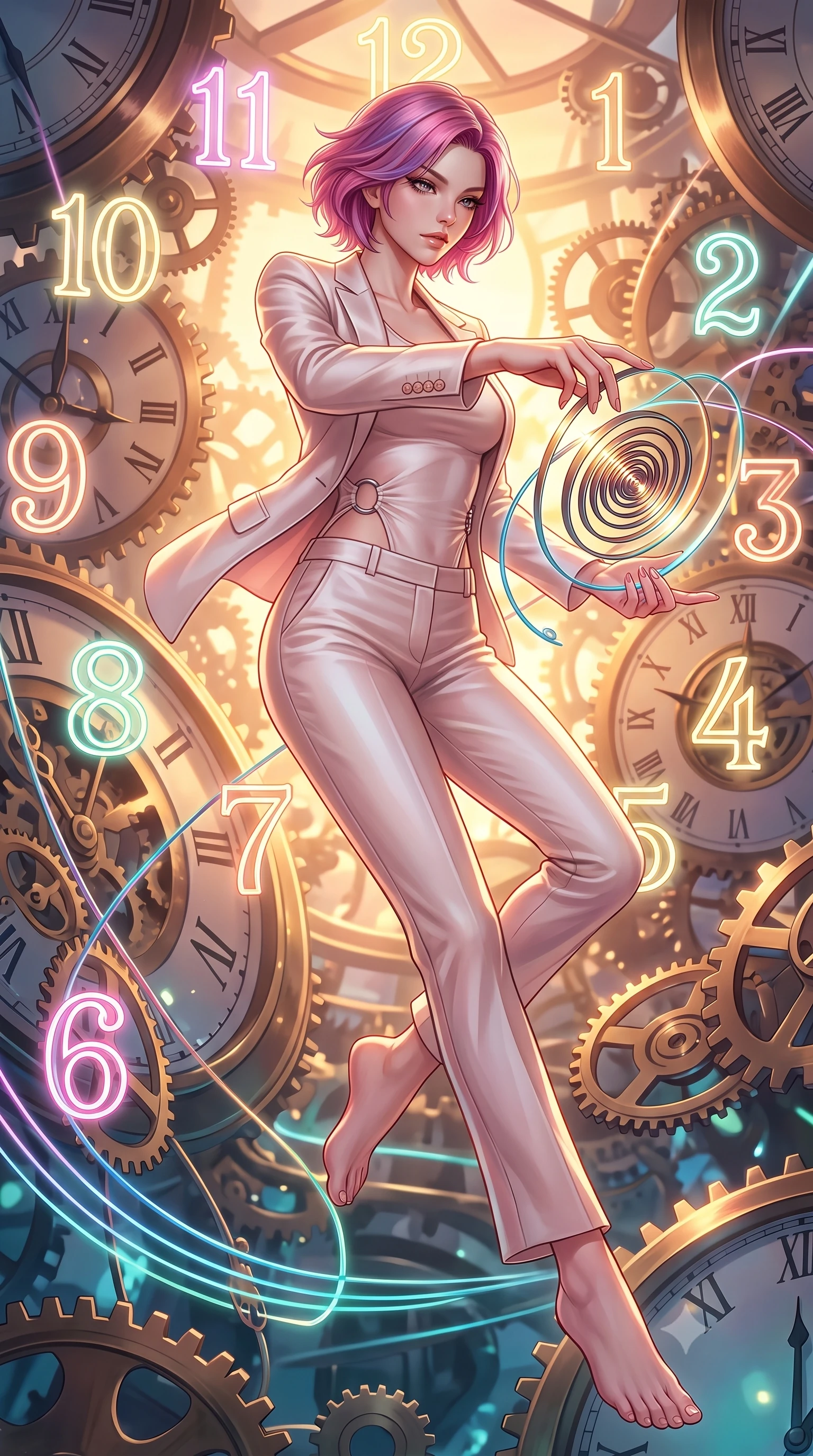 score_9, masterpiece, best quality, ultra-detailed, high-budget anime keyframe, editorial fashion photography, tasteful artistic composition, Caucasian woman. low angle full-body shot from head to toe showing her feet, filling the entire 9:16 vertical frame with her statuesque presence, stretching her vertical silhouette. performing an athletic mid-air rotation with flawless poise, her vertical silhouette beautifully stretched while reaching forward to adjust a glowing clockwork spring wire in a storm of gear parts, glowing neon clock numbers floating in mid-air with vintage elegancy. She has an absolutely perfect, statuesque 8.5-heads proportion, an exceptionally tall and slender model-like female figure with impossibly long slender legs and an ultra-slim waist. sharp v-shaped jawline, high-bridge nose, intricate jewel-like eyes with depth, thick eyelashes, glossy lips with a natural sheen, flawlessly proportioned anatomical accuracy, natural body alignment, perfectly sculpted elegant limbs, clean dynamic posture without body distortion. wearing a tailored silk blazer over a form-contouring scoop-neck top and slacks in pearl white and rose gold, woven from fine semi-opaque sheer organza, accented with delicate chrome ring hardware framing her waist, the form-contouring material highlighting her ultra-slim waist and long lines. illuminated by a brilliant golden hour glow filtering through clockwork dials. highly saturated vibrant anime colors, detailed shading with soft gradients, rich glossy textures, high-contrast stereoscopic depth, volumetric dynamic lighting, master piece, 9:16 ratio
