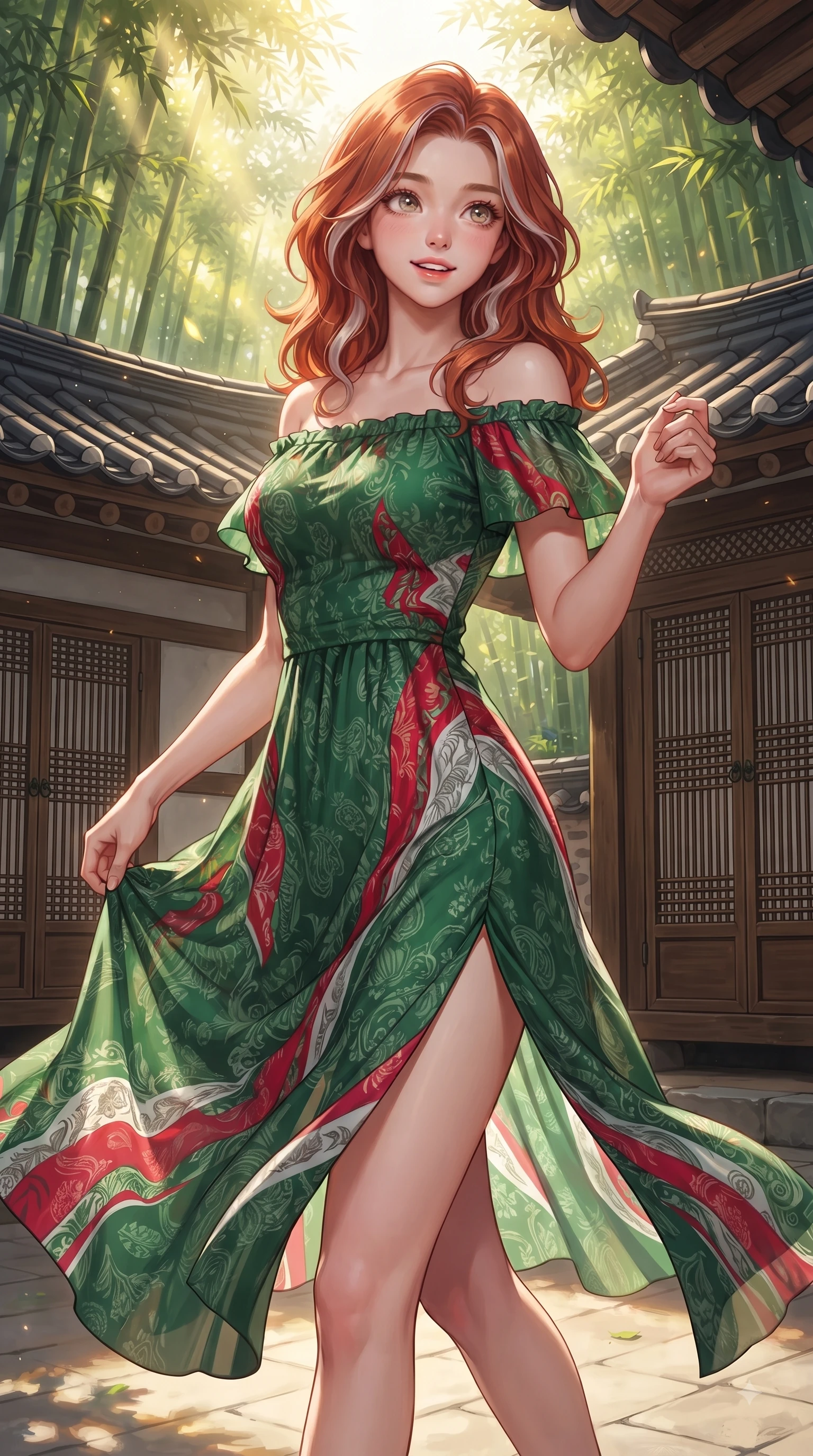 score_9, masterpiece, best quality, ultra-detailed, high-budget anime keyframe, editorial fashion photography, tasteful artistic composition, Caucasian woman. close-up cowboy shot from the waist and thighs up, the character dominates the composition, filling the frame with her large presence. Expectant hopeful expression with wide sparkling eyes and a soft eager smile as if waiting for a loved one while pivoting near traditional clay tile roofs as golden sunbeams filter through bamboo leaves. The surrounding environment is rendered in vivid detail and crisp panoramic clarity. traditional Hanok clay roof tiles, intricate wooden lattice doors, and green bamboo stalks in crisp clarity. She has an exceptionally elegant, slender, and willowy female figure with an ultra-slim waist, a gracefully sculpted slender torso, and a refined silhouette. sharp v-shaped jawline, high-bridge nose, intricate jewel-like eyes with depth, thick eyelashes, glossy lips with a natural sheen, flawlessly proportioned anatomical accuracy, natural body alignment, perfectly sculpted elegant limbs, clean dynamic posture without body distortion. wearing a vibrant forest green off-shoulder midi dress with a tasteful front slit in vibrant crimson red and crisp snow white, woven from fine lightweight chiffon fluttering gracefully, finished with a sleek side slit ascending to mid-thigh, the fluid drape swaying gracefully with her dynamic editorial movement. bathed in bright morning sunbeams filtering through lush bamboo canopies. ultra-reflective glossy finish, specular highlights, metallic sheen, high-contrast stereoscopic depth, volumetric dynamic lighting, 2k, ultra detail, master piece, 9:16 ratio