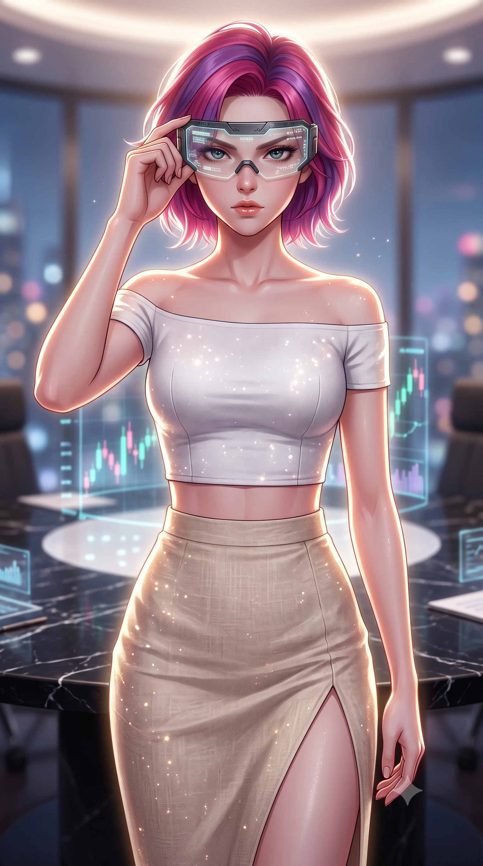 score_9, masterpiece, best quality, ultra-detailed, high-budget anime keyframe, editorial fashion photography, tasteful artistic composition, Caucasian woman, strictly human ears. close-up cowboy shot from the waist and thighs up, the character dominates the composition, filling the frame with her large presence, background elements kept in soft focus. Adjusting her tactical visor with one hand, eyes narrowed in sharp concentration at the target. set against a soft-focus background of a high-altitude boardroom with a giant round black marble table, holographic stock charts floating in the center. She has an exceptionally elegant and slender, willowy female figure with an ultra-slim waist, a gracefully sculpted slender torso, and a refined slim physique. sharp v-shaped jawline, high-bridge nose, intricate jewel-like eyes with depth, thick eyelashes, glossy lips with a natural sheen. wearing catching and diffusing the glowing particles, shimmering softly in response to the surrounding light, a tailored white off-shoulder crop top paired with a high-waisted beige linen skirt featuring a high side slit. highly saturated vibrant anime colors, intense vivid color palette, soft 3D volumetric shading, volumetric dynamic lighting, dramatic backlight creating a radiant halo effect around her entire silhouette. 2k, ultra detail, master piece, 9:16 ratio
