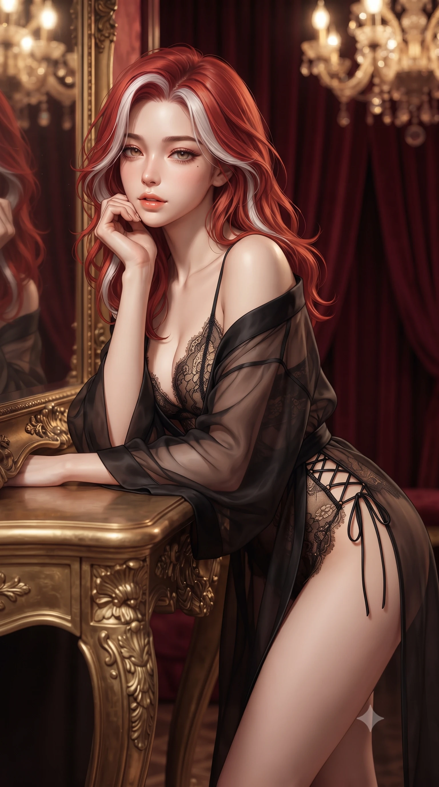 score_9, masterpiece, best quality, ultra-detailed, high-budget anime keyframe, editorial fashion photography, tasteful artistic composition, Caucasian woman. close-up cowboy shot from the waist and thighs up, the character dominates the composition, filling the frame with her large presence. resting one elbow on the table and supporting her chin, leaning close to the camera with heavy-lidded sparkling eyes and parted lips while leaning against the gilded console table with hips cocked back, looking into the monumental antique mirror with smoldering bedroom-eyes. The background shows a soft-focus deep crimson velvet portieres softened in aristocratic Venetian masquerade shallow focus. She has an exceptionally elegant, slender, and willowy female figure with an ultra-slim waist, flat toned midriff, narrow ribcage, and sculpted feminine hips creating an alluring, slim hourglass silhouette without bulk. sharp v-shaped jawline, high-bridge nose, intricate jewel-like sparkling eyes with depth, thick eyelashes, glossy parted lips with a natural peach sheen, bright cheerful beaming smile with an enchanting and coquettish sensual glint, exuding both youthful cute charm and seductive allure, flawlessly proportioned anatomical accuracy, strict slender model proportions, natural body alignment, perfectly sculpted long slender limbs, ultra-slim waistline, clean dynamic posture without body distortion. wearing a modern sheer organza kimono dress with wide sleeves slipping gracefully off bare shoulders over a fitted bralette in Cheongdam modern noir black and molten gold, made of delicate semi-sheer French Chantilly lace with intricate eyelash edges, featuring fine criss-cross lace-up side ties revealing tantalizing glimpses of her hip curve, the high-slit wrap tailoring accentuating her ultra-slim waistline and the enchanting curve of her feminine hips with alluring seductive charm. bathed in the multi-faceted sparkling illumination of the antique Murano chandelier dimmed to a sultry golden glow. ultra-reflective glossy finish, specular highlights, rich textural contrasts, high-contrast stereoscopic depth, volumetric dynamic lighting, 2k, ultra detail, master piece, 9:16 ratio