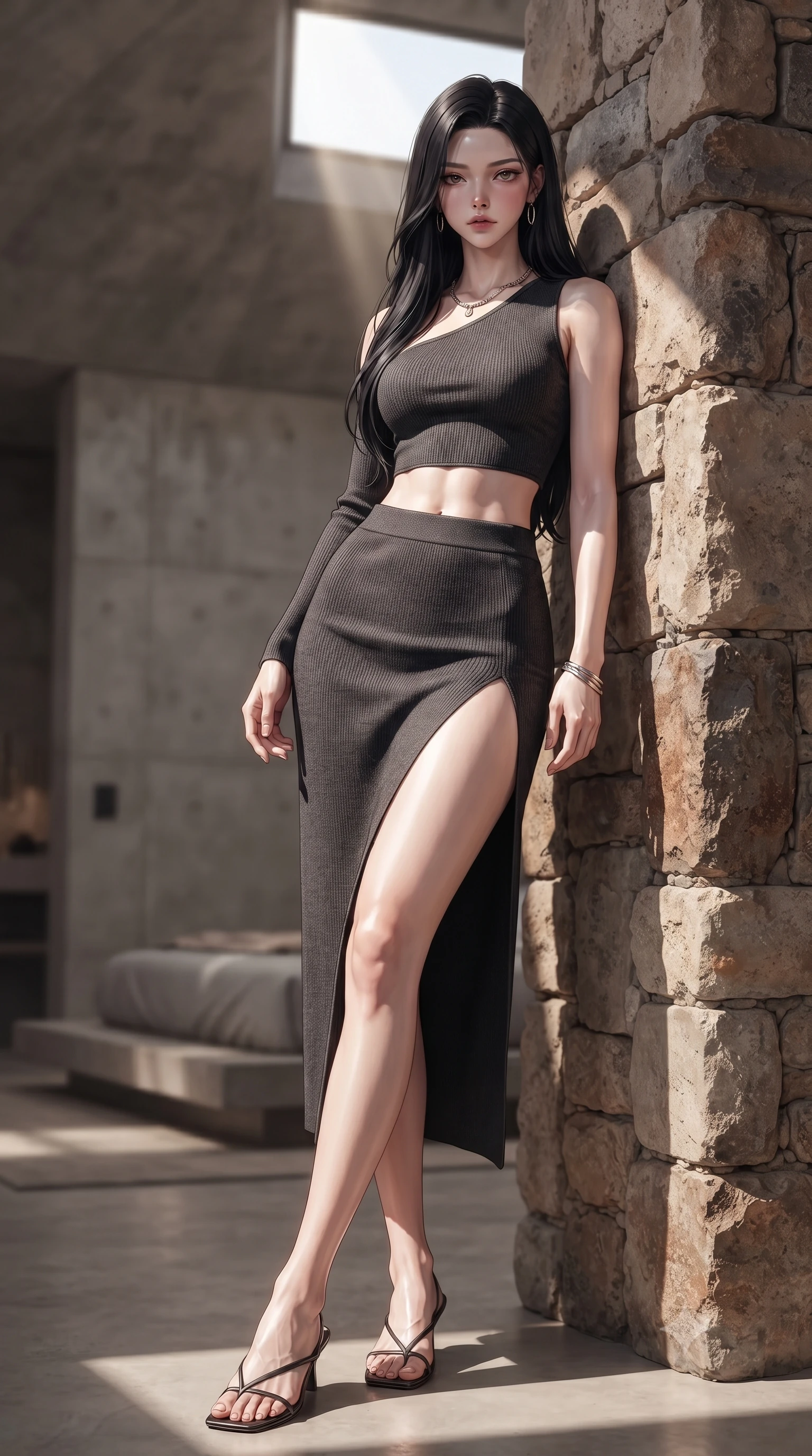 score_9, masterpiece, best quality, ultra-detailed, high-budget anime keyframe, editorial fashion photography, tasteful artistic composition, Korean woman. low angle full-body shot from head to toe showing her feet, filling the entire 9:16 vertical frame with her statuesque presence, stretching her vertical silhouette. leaning back against a rustic stone wall, casting a slow, alluring gaze at the camera the background shows a soft-focus the interior of a modern desert dome with concrete walls and a low platform bed. She has an absolutely perfect, statuesque 8.5-heads proportion, an exceptionally tall and slender model-like female figure with impossibly long slender legs and an ultra-slim waist. sharp v-shaped jawline, high-bridge nose, intricate jewel-like eyes with depth, thick eyelashes, glossy lips with a natural sheen. wearing a tailored asymmetric one-shoulder crop top in charcoal knit, paired with a high-slit skirt. stark afternoon sunbeams slicing through a window, creating chiaroscuro shadows. ultra-reflective glossy finish, specular highlights, metallic sheen, high-contrast stereoscopic depth, volumetric dynamic lighting, 2k, ultra detail, master piece, 9:16 ratio