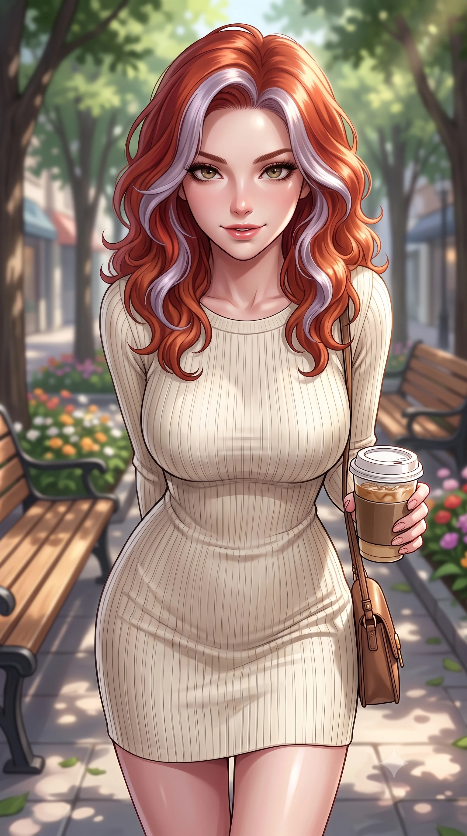 score_9, masterpiece, best quality, ultra-detailed, high-budget anime keyframe, editorial fashion photography, tasteful artistic composition, Caucasian woman. close-up cowboy shot from the waist and thighs up, the character dominates the composition, filling the frame with her large presence, background elements kept in soft focus. leaning slightly forward with a playful, sultry smile that holds direct, intense eye contact set against a soft-focus background of on a leafy shopping avenue with wooden benches and flower beds holding a trendy paper cup of iced coffee and a small leather purse. She has an exceptionally elegant, slender, and willowy female figure with an ultra-slim waist, a gracefully sculpted slender torso, and a refined silhouette. sharp v-shaped jawline, high-bridge nose, intricate jewel-like eyes with depth, thick eyelashes, glossy lips with a natural sheen. wearing form-contouring form-fitting ribbed knit dress in cream, contouring her slender silhouette. dappled sunlight filtering through the street trees, casting soft shadows. ultra-reflective glossy finish, specular highlights, metallic sheen, high-contrast stereoscopic depth, volumetric dynamic lighting, 2k, ultra detail, master piece, 9:16 ratio