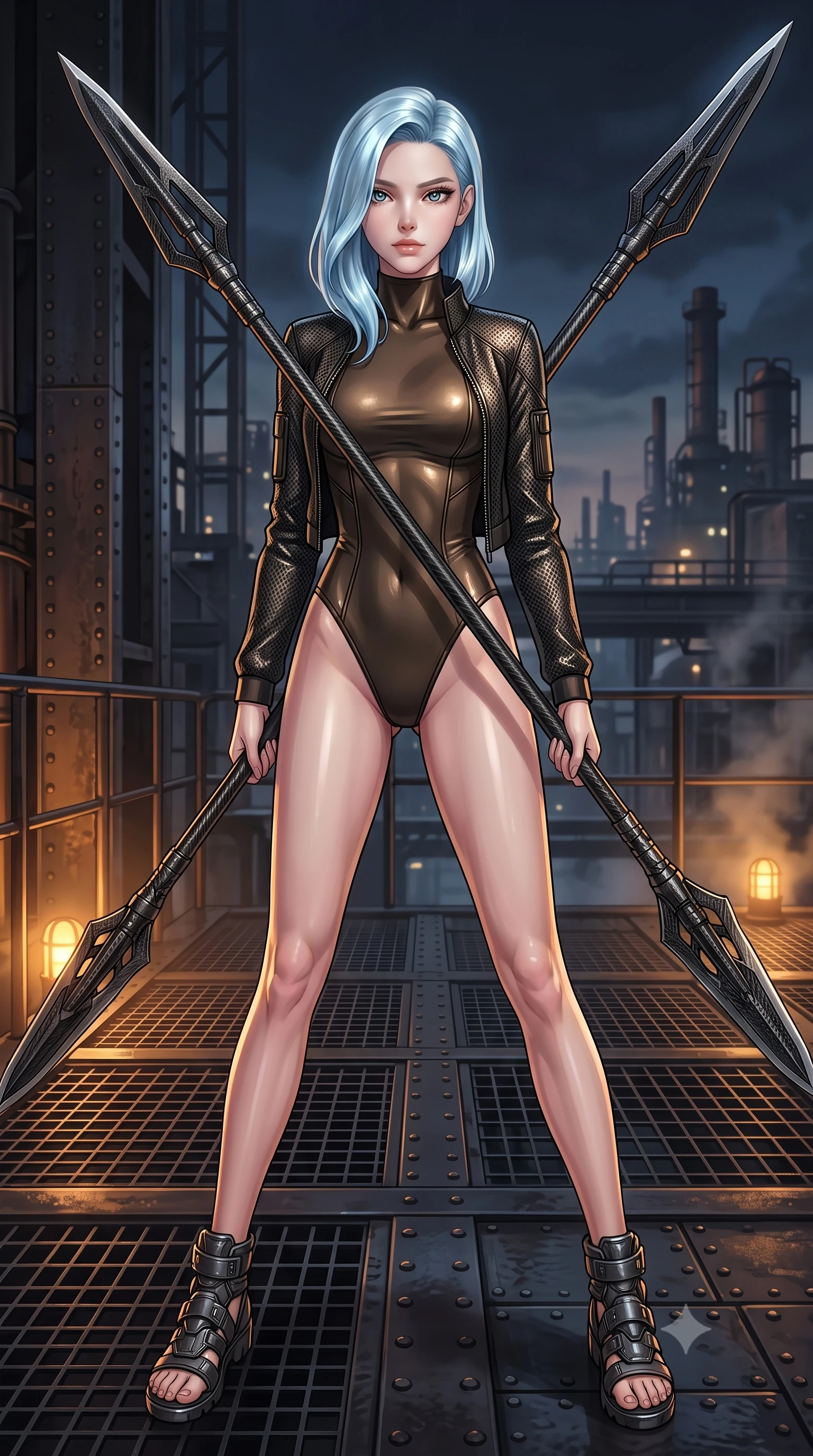 score_9, masterpiece, best quality, ultra-detailed, high-budget anime keyframe, editorial fashion photography, tasteful artistic composition, Korean woman. low angle full-body shot from head to toe showing her feet, filling the entire 9:16 vertical frame with her statuesque presence, stretching her vertical silhouette. standing in a dynamic combat stance with a carbon-fiber spear held diagonally, stretching her statuesque body, the background shows a soft-focus a steam venting platform built of dark iron grids and heavy rivet sheets. She has an absolutely perfect, statuesque 8.5-heads proportion, an exceptionally tall and slender model-like female figure with impossibly long slender legs and an ultra-slim waist. sharp v-shaped jawline, high-bridge nose, intricate jewel-like eyes with depth, thick eyelashes, glossy lips with a natural sheen. wearing a tailored form-fitting high-neck bodysuit in dark bronze, worn under a tailored open carbon-mesh tactical jacket. low-key amber lights highlighting the wet metallic textures of her combat suit. highly saturated vibrant anime colors, detailed shading with soft gradients, rich glossy textures, high-contrast stereoscopic depth, volumetric dynamic lighting, master piece, 9:16 ratio
