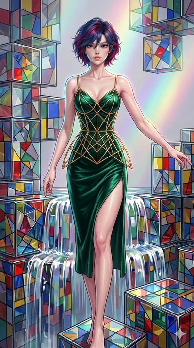 score_9, masterpiece, best quality, ultra-detailed, high-budget anime keyframe, Caucasian woman, strictly human ears. upper body close-up from the thighs up, character filling the screen for maximum presence. balancing on cubist glass blocks that cas
