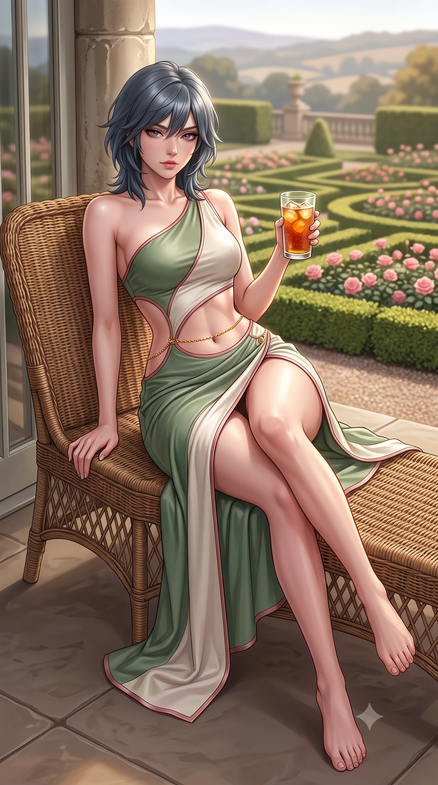 score_9, masterpiece, best quality, ultra-detailed, high-budget anime keyframe, semi-realistic 3D game render, editorial fashion photography, tasteful artistic composition, Caucasian woman. low angle full-body shot from head to toe showing her feet, filling the entire 9:16 vertical frame with her statuesque presence, stretching her vertical silhouette. standing tall beside the architectural column, one hand resting high while arching her lower back to emphasize her sculpted feminine hips and slender waist while lounging gracefully on a vintage wicker chaise lounge with legs crossed, holding a glass of iced tea with an intoxicating, smoldering gaze. The background shows a soft-focus formal geometric English rose parterres below, clipped boxwood hedges, and distant rolling hills blurred into blush, sage, and golden amber bokeh. She has an absolutely perfect, statuesque 8.5-heads proportion, an exceptionally tall and slender model-like female figure with impossibly long slender legs, an ultra-slim waist, a flat toned midriff, narrow delicate ribcage, and beautifully sculpted feminine hips creating a graceful, slim hourglass silhouette without any bulky heaviness. sharp v-shaped jawline, high-bridge nose, sparkling eyes with hypnotic seductive depth, thick curled eyelashes, glossy parted lips with a natural dewy peach sheen, alluring bedroom-eyes with an enchanting coquettish smile, exuding magnetic siren charisma and sophisticated glamour, flawlessly proportioned anatomical accuracy, strict slender model proportions, natural body alignment, perfectly sculpted long slender limbs, ultra-slim waistline, clean dynamic posture without body distortion. wearing an asymmetric one-shoulder metallic cocktail mini dress with a dramatic side cutout hugging her waist and hips in botanical sage green and pure pearlescent ivory with rose trims, woven from buttery-soft stretch lambskin leather adhering to her body like a second skin, accented with a dainty gold belly chain resting across her flat midriff and curving hips, the high-slit wrap tailoring accentuating her ultra-slim waistline and the enchanting curve of her feminine hips with alluring seductive charm. illuminated by glass door reflections and sharp warm-gold rim lights sculpting her delicate clavicles, ultra-slim waist, and curvy hips. highly saturated vibrant anime colors, detailed shading with soft gradients, rich glossy textures, high-contrast stereoscopic depth, volumetric dynamic lighting, master piece, 9:16 ratio