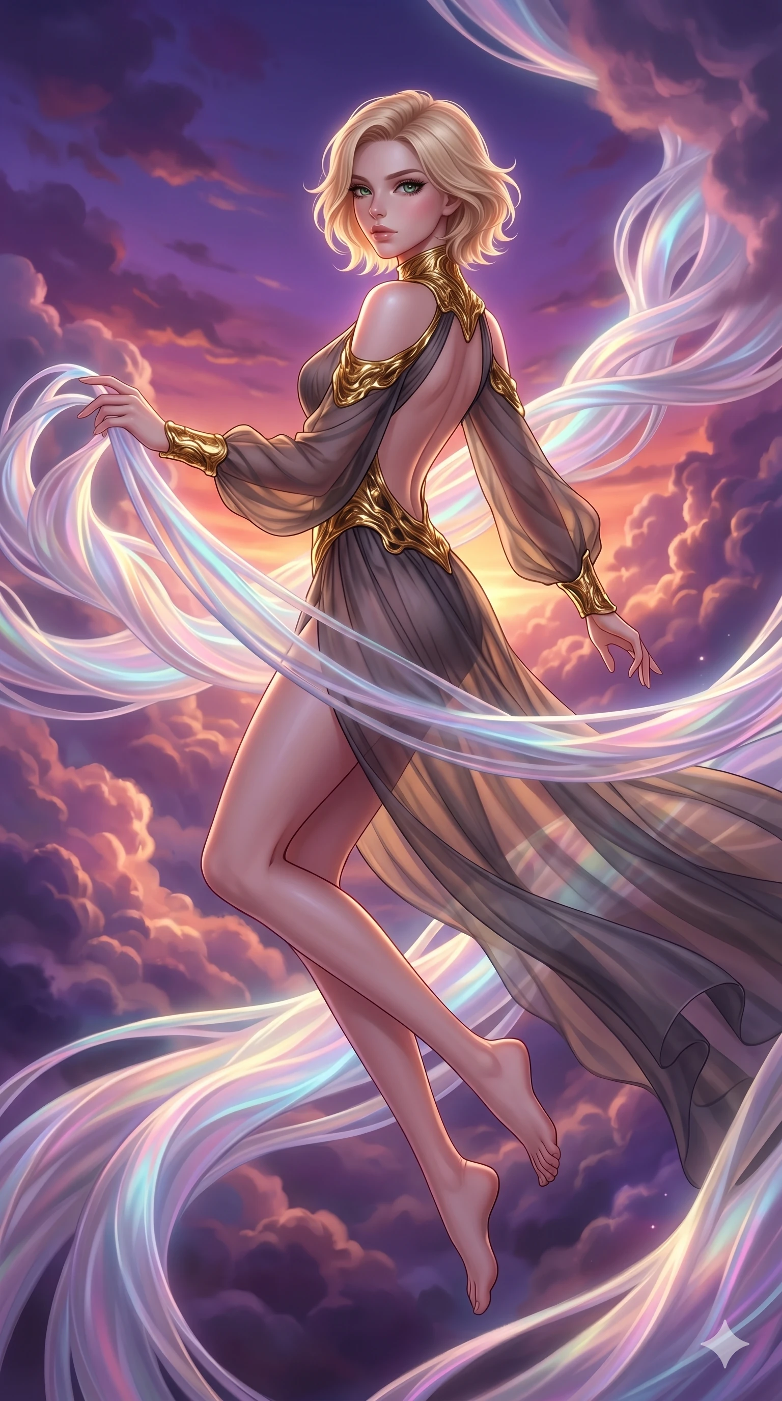 score_9, masterpiece, best quality, ultra-detailed, high-budget anime keyframe, Caucasian woman, strictly human ears. upper body close-up from the thighs up, character filling the screen for maximum presence. threading through a volumetric cloud weave where storm clouds are spun like silk thread under a dramatic sunset glow. She has an absolutely perfect 8-heads proportion, an exceptionally tall and slender female figure with impossibly long slender legs and an ultra-slim waist. V-shaped jawline, high-bridge nose, intricate jewel-like eyes with depth, thick eyelashes, glossy lips with a natural sheen.. wearing a molten gold and chiffon gown, featuring organic liquid gold collar and cuffs on a translucent charcoal-gray halter neck chiffon gown with a deep backless design. enhanced by a luminous pastel spectrum glow, casting elegant rim lights on her shoulders and jawline. 2k, ultra detail, master piece, 9:16 ratio