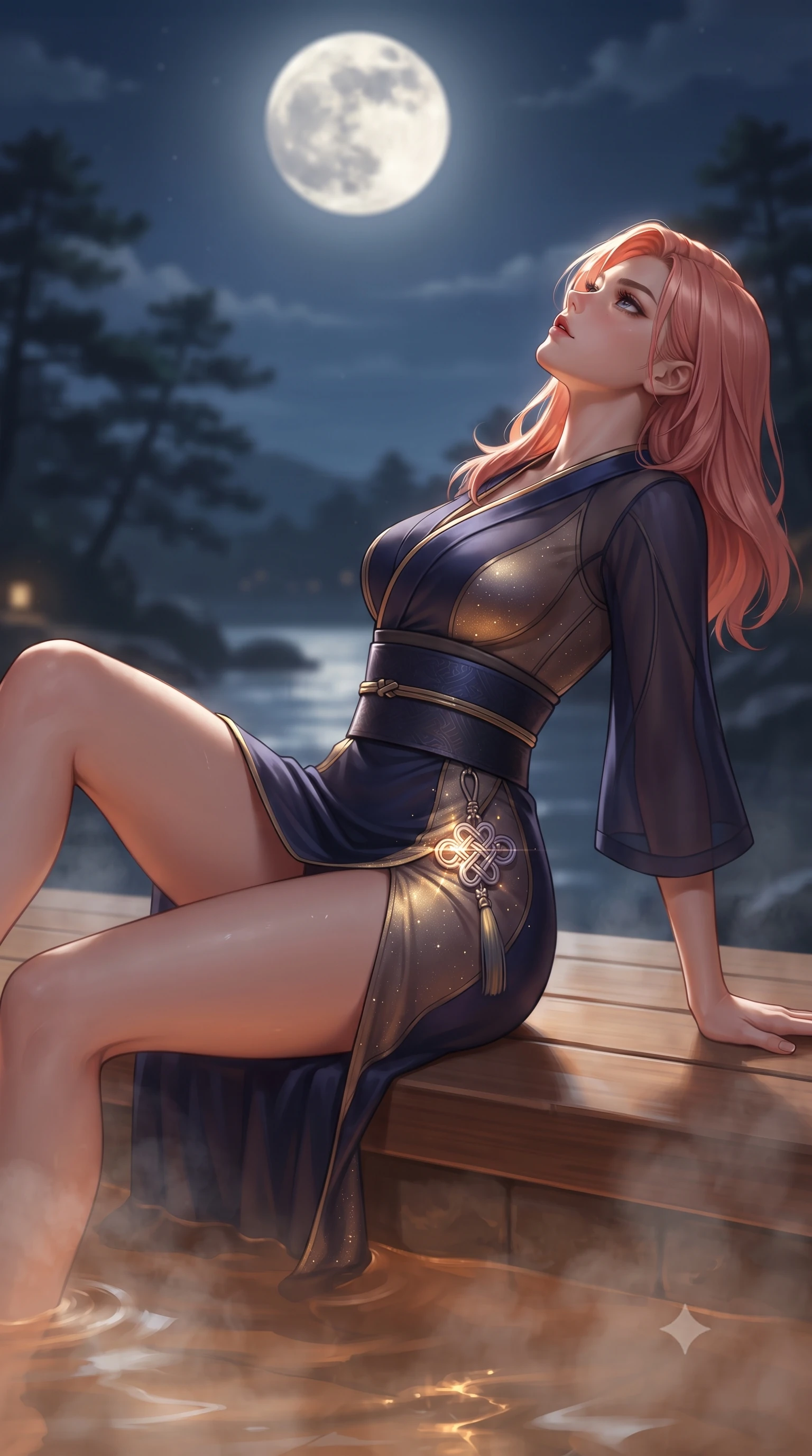 score_9, masterpiece, best quality, ultra-detailed, high-budget anime keyframe, editorial fashion photography, tasteful artistic composition, Japanese woman. close-up cowboy shot from the waist and thighs up, the character dominates the composition, filling the frame with her large presence. arching her spine backward with effortless dancer poise, one hand sliding along her hip line as directional light carves specular highlights along her silhouette while reclining on the cedar bench with legs extended toward the warm water, head tilted back toward the full moon with smoldering bedroom-eyes. The composition keeps background elements in soft focus with creamy bokeh. distant Katsura river waters and dark pine silhouettes softened in dreamy nocturnal shallow focus. She has an exceptionally elegant, slender, and willowy female figure with an ultra-slim waist, a gracefully sculpted slender torso, toned flat midriff, and rounded feminine hips creating an alluring hourglass silhouette. sharp v-shaped jawline, high-bridge nose, intricate jewel-like eyes with depth, thick eyelashes, glossy parted lips with a natural sheen, intensely captivating and seductive bedroom-eyes expression, flawlessly proportioned anatomical accuracy, strict slender model proportions, natural body alignment, perfectly sculpted long slender limbs, ultra-slim waistline, clean dynamic posture without body distortion. wearing a traditional-modern silk fusion wrap dress with asymmetric trailing sleeves and waist-cinching obi in midnight indigo and glowing starlight gold, made of sheer contouring power-mesh panels with anatomical curve lines, accented with a glowing metallic norigae knot charm resting against her hip, the liquid-tight tailored fabric clinging flawlessly to her narrow waist and rounded feminine hips, emphasizing every millimeter of her sculpted hourglass curves during movement. surrounded by a tranquil, poetic, and deeply sensual Japanese ryokan muse aura. ultra-reflective glossy finish, specular highlights, rich textural contrasts, high-contrast stereoscopic depth, volumetric dynamic lighting, 2k, ultra detail, master piece, 9:16 ratio