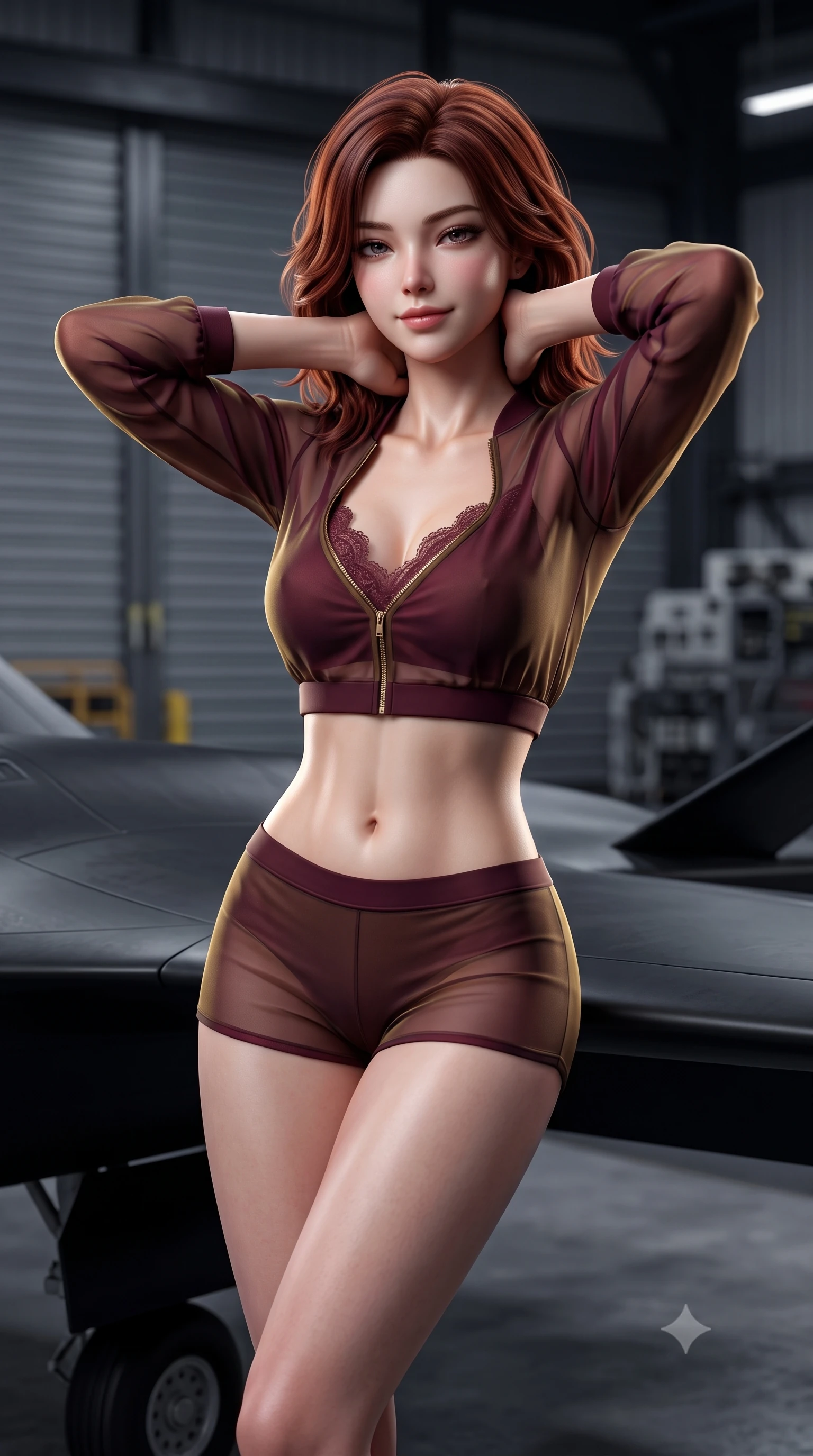 score_9, masterpiece, best quality, ultra-detailed, high-budget anime keyframe, semi-realistic 3D game render, editorial fashion photography, tasteful artistic composition, Korean woman. close-up cowboy shot from the waist and thighs up, the character dominates the composition, filling the frame with her large presence. resting both hands lightly behind her neck with elbows raised, arching her spine to highlight her narrow waist, flat midriff, and breathtaking collarbones while leaning against the razor-sharp leading edge of a matte-black stealth drone with hips cocked back, arching her back with high-tech allure. The background shows a soft-focus massive corrugated hangar doors softened in top-secret facility shallow focus. She has an exceptionally elegant, slender, and willowy female figure with an ultra-slim waist, flat toned midriff, narrow ribcage, and sculpted feminine hips creating an alluring, slim hourglass silhouette without bulk. sharp v-shaped jawline, high-bridge nose, sparkling eyes with hypnotic seductive depth, thick curled eyelashes, glossy parted lips with a natural dewy peach sheen, alluring bedroom-eyes with an enchanting coquettish smile, exuding magnetic siren charisma and sophisticated glamour, flawlessly proportioned anatomical accuracy, strict slender model proportions, natural body alignment, perfectly sculpted long slender limbs, ultra-slim waistline, clean dynamic posture without body distortion. wearing a modern two-piece tactical siren set featuring a zip-front bolero jacket and curve-hugging compression hot-pants in smoky bordeaux wine and gilded bronze, made of sheer gossamer chiffon that drapes softly against skin with airy translucence, finished with scalloped eyelash lace trim framing her sweetheart neckline with intimate elegance, the form-contouring silhouette accentuating her sculpted flat midriff, narrow delicate ribcage, and gracefully curvy hips with intoxicating allure. illuminated by composite wing surface bounce and sharp white-gold rim lights defining her collarbones, narrow waist, and curvy hips. highly saturated vibrant anime colors, detailed shading with soft gradients, rich glossy textures, high-contrast stereoscopic depth, volumetric dynamic lighting, master piece, 9:16 ratio