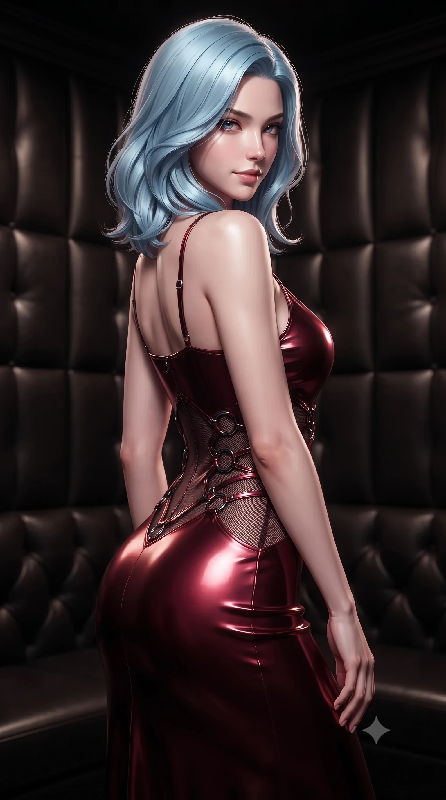 score_9, masterpiece, best quality, ultra-detailed, high-budget anime keyframe, editorial fashion photography, tasteful artistic composition, Korean woman. close-up cowboy shot from the waist and thighs up, the character dominates the composition, filling the frame with her large presence, background elements kept in soft focus. Glancing sidelong over her shoulder with a smoldering, enigmatic half-smile, standing in a private high-fashion lounge with dark padded leather walls, sculpted athletic silhouette emphasized by precision form-fitting cuts. She has an exceptionally elegant, slender, and willowy female figure with an ultra-slim waist, a gracefully sculpted slender torso, and a refined silhouette. sharp v-shaped jawline, high-bridge nose, intricate jewel-like eyes with depth, thick eyelashes, glossy lips with a natural sheen. wearing form-contouring dark crimson liquid silk long slip dress in deep crimson burgundy, made of fine dark contouring mesh, trimmed with dark chrome ring hardware along the waist contours, accentuating her gracefully sculpted slender torso. surrounded by a high-gloss metallic sheen with crisp rim lighting. ultra-reflective glossy finish, specular highlights, metallic sheen, high-contrast stereoscopic depth, volumetric dynamic lighting, 2k, ultra detail, master piece, 9:16 ratio