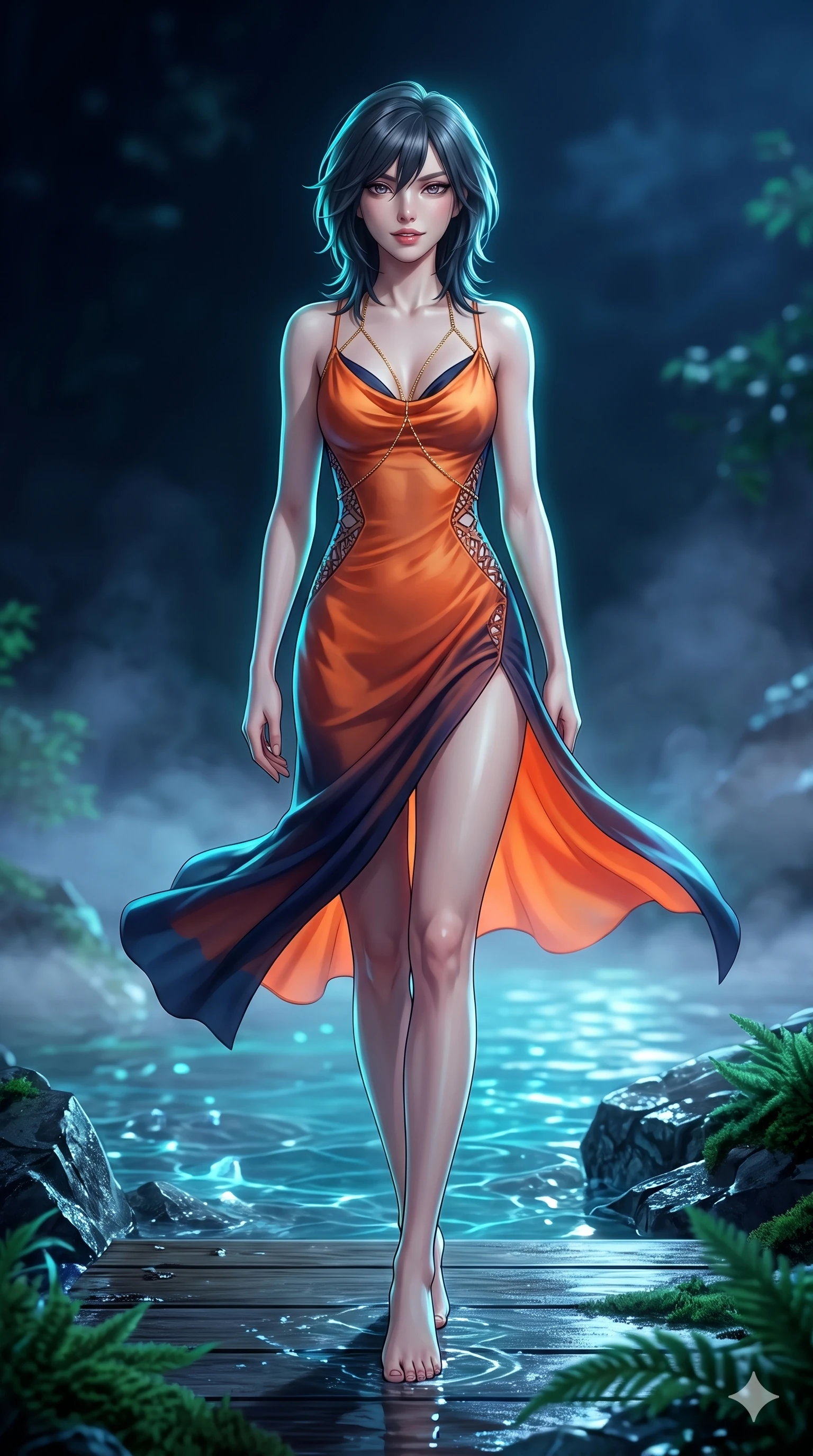 score_9, masterpiece, best quality, ultra-detailed, high-budget anime keyframe, semi-realistic 3D game render, editorial fashion photography, tasteful artistic composition, Caucasian woman. low angle full-body shot from head to toe showing her feet, filling the entire 9:16 vertical frame with her statuesque presence, stretching her vertical silhouette. striding across the moonlit timber deck as nocturnal breezes whip her garments open, accentuating her long slender legs and curvy hips while stepping gracefully through the misty spring waters, her long slender legs and curvy hourglass hips commanding the mystical grove. The surrounding environment is rendered in vivid detail and crisp panoramic clarity: sharp wet stone textures, crystal water surface refraction, and soft velvet moss fronds in deep focus. She has an absolutely perfect, statuesque 8.5-heads proportion, an exceptionally tall and slender model-like female figure with impossibly long slender legs, an ultra-slim waist, a flat toned midriff, narrow delicate ribcage, and beautifully sculpted feminine hips creating a graceful, slim hourglass silhouette without any bulky heaviness. sharp v-shaped jawline, high-bridge nose, sparkling eyes with hypnotic seductive depth, thick curled eyelashes, glossy parted lips with a natural dewy peach sheen, alluring bedroom-eyes with an enchanting coquettish smile, exuding magnetic siren charisma and sophisticated glamour, flawlessly proportioned anatomical accuracy, strict slender model proportions, natural body alignment, perfectly sculpted long slender limbs, ultra-slim waistline, clean dynamic posture without body distortion. wearing a form-contouring gossamer silk chiffon slip dress with hip-high slit and open cowl back clinging with evening mist in sunset tangerine orange and deep navy indigo, adorned with laser-cut diamond side panels revealing teasing glimpses of bare skin, accented with a gold body chain harness subtly framing her dewy collarbones and spine, the form-contouring silhouette accentuating her sculpted flat midriff, narrow delicate ribcage, and gracefully curvy hips with intoxicating allure. illuminated by spring water surface bounce and sharp cyan-aquamarine rim lights defining her razor-sharp jawline, narrow waist, and curvy hips. highly saturated vibrant anime colors, detailed shading with soft gradients, rich glossy textures, high-contrast stereoscopic depth, volumetric dynamic lighting, master piece, 9:16 ratio
