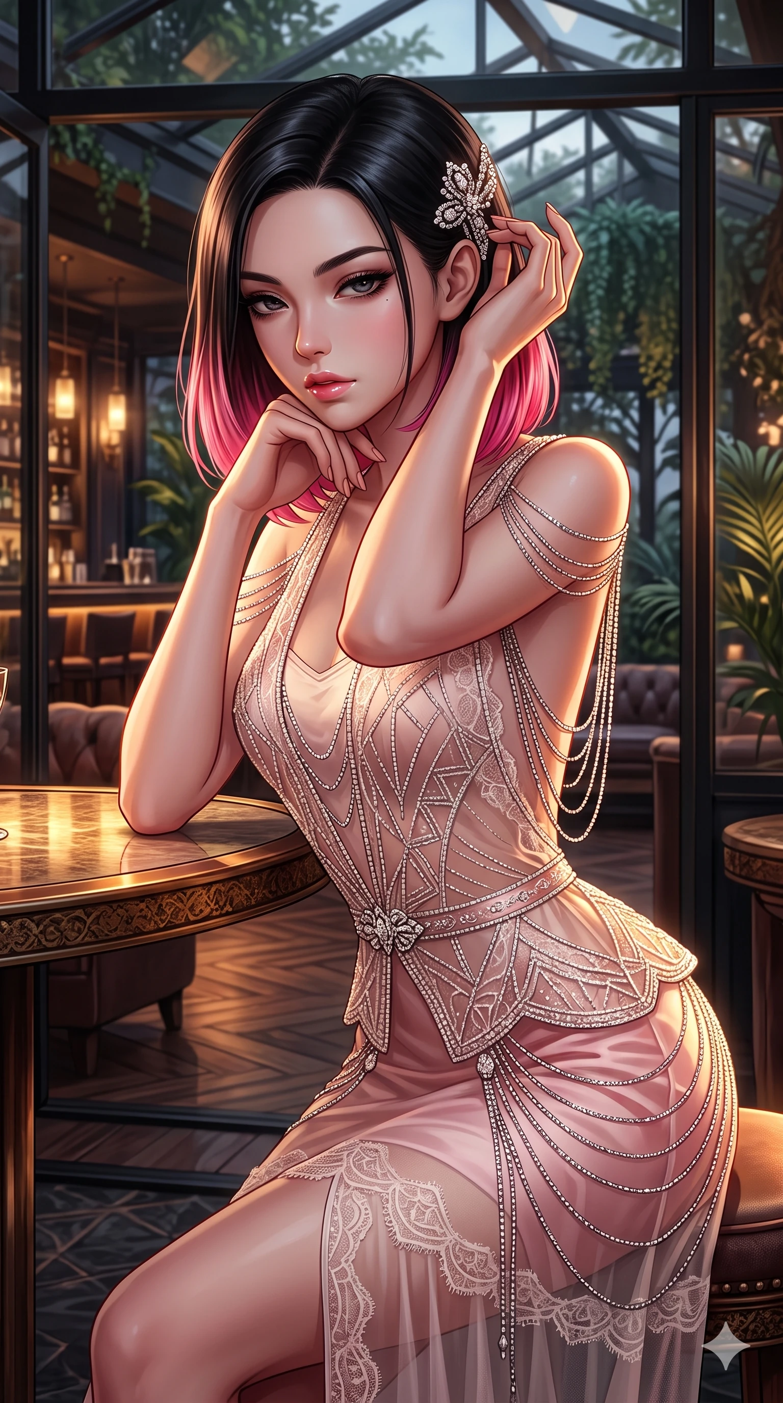score_9, masterpiece, best quality, ultra-detailed, high-budget anime keyframe, semi-realistic 3D game render, editorial fashion photography, tasteful artistic composition, Korean woman. close-up cowboy shot from the waist and thighs up, the character dominates the composition, filling the frame with her large presence. resting one elbow on the table and supporting her chin, leaning close to the camera with heavy-lidded sparkling eyes and parted lips while standing poised at the solarium entrance, arching her lower back with sovereign supermodel grace while adjusting her jeweled hair clasp. The surrounding environment is rendered in vivid detail and crisp panoramic clarity: detailed peplum corset dress tailoring, jeweled clasp closures, and luxury VIP club interior in razor-sharp clarity. She has an exceptionally elegant, slender, and willowy female figure with an ultra-slim waist, flat toned midriff, narrow ribcage, and sculpted feminine hips creating an alluring, slim hourglass silhouette without bulk. sharp v-shaped jawline, high-bridge nose, intricate jewel-like sparkling eyes with depth, thick eyelashes, glossy parted lips with a natural sheen, intensely captivating and seductive bedroom-eyes expression, exuding both youthful cute charm and sovereign luxury allure, flawlessly proportioned anatomical accuracy, strict slender model proportions, natural body alignment, perfectly sculpted long slender limbs, ultra-slim waistline, clean dynamic posture without body distortion. wearing a sheer vintage mesh flapper dress adorned with intricate geometric beadwork over an opaque silk micro-slip in sakura blossom pink and warm ivory, made of delicate semi-sheer French Chantilly lace with intricate eyelash edges, accented with an open-back drape framed by falling strands of delicate chrome chains, the high-slit wrap tailoring accentuating her ultra-slim waistline and the enchanting curve of her feminine hips with alluring seductive charm. bathed in low-key, high-contrast chiaroscuro lighting with narrow amber and gold spotlights on the table. highly saturated vibrant anime colors, detailed shading with soft gradients, rich glossy textures, high-contrast stereoscopic depth, volumetric dynamic lighting, master piece, 9:16 ratio