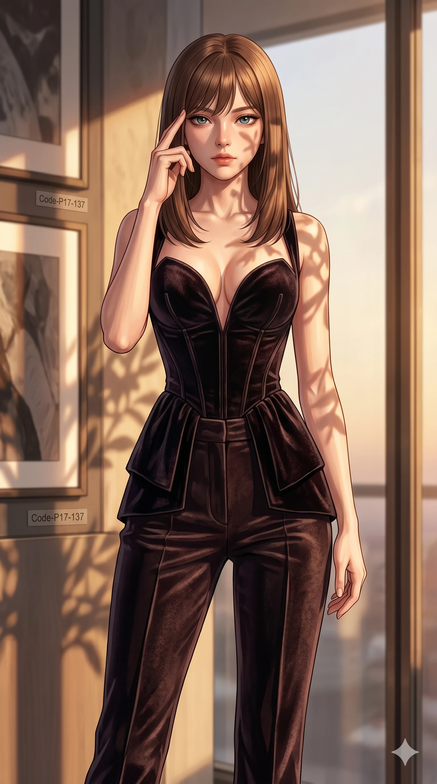 score_9, masterpiece, best quality, ultra-detailed, high-budget anime keyframe, editorial fashion photography, tasteful artistic composition, Korean woman. cowboy shot from the thighs up, character and outfit filling the frame for maximum editorial presence. pressing two fingers to her temple, looking with quiet, sharp focus inside a futuristic penthouse with art frames (Code-P17-137). She has an absolutely perfect 8-heads proportion, an exceptionally tall and slender female figure with impossibly long slender legs and an ultra-slim waist. V-shaped jawline, high-bridge nose, intricate jewel-like eyes with depth, thick eyelashes, glossy lips with a natural sheen. wearing a dark velvet structured bodice with a deep sweetheart neckline revealing her sculpted contours. bathed in warm, golden afternoon sunbeams, casting soft organic leaf shadows on her skin. 2k, ultra detail, master piece, 9:16 ratio