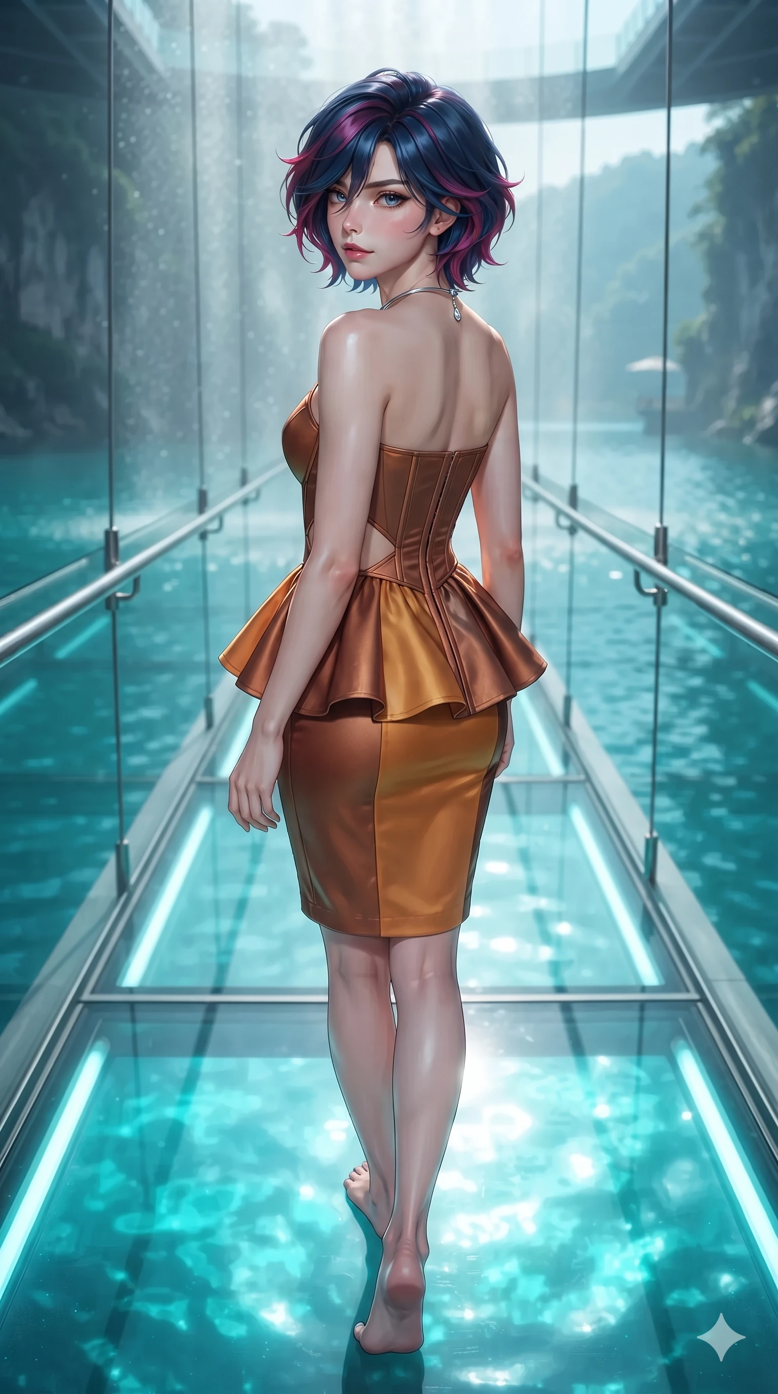 score_9, masterpiece, best quality, ultra-detailed, high-budget anime keyframe, editorial fashion photography, tasteful artistic composition, Korean woman. low angle full-body shot from head to toe showing her feet, filling the entire 9:16 vertical frame with her statuesque presence, stretching her vertical silhouette. walking along the waterfront terrace with poise, looking back over her bare shoulder with an irresistible smoldering bedroom-gaze while walking slowly along the suspended glass-bottom bridge, looking back over her shoulder with an air of effortless grace and an alluring, smoldering smile as glowing turquoise water rushes below. The background shows a soft-focus fine waterfall spray haze softened in suspended glass promenade shallow focus. She has an exceptionally tall and slender model-like 8.5-heads proportion, an ultra-slim waist, a flat toned midriff, narrow delicate ribcage, and beautifully sculpted feminine hips creating a graceful, slim hourglass silhouette without any bulky heaviness, with impossibly long slender legs. sharp v-shaped jawline, high-bridge nose, intricate jewel-like sparkling eyes with depth, thick eyelashes, glossy parted lips with a natural sheen, intensely captivating and seductive bedroom-eyes expression, exuding both youthful cute charm and sovereign luxury allure, flawlessly proportioned anatomical accuracy, strict slender model proportions, natural body alignment, perfectly sculpted long slender limbs, ultra-slim waistline, clean dynamic posture without body distortion. wearing a modern peplum corset dress with side-waist diamond cutouts and an ultra-tight silhouette in rich copper bronze and warm amber, tailored from heavy double-faced silk georgette with an exceptionally fluid drape, finished with a minimalist chrome choker and a single teardrop diamond pendant, the high-slit wrap tailoring accentuating her ultra-slim waistline and the enchanting curve of her feminine hips with alluring seductive charm. illuminated by glass floor bounce and sharp turquoise-platinum rim lights defining her razor-sharp jawline, narrow waist, and curvy hips. ultra-reflective glossy finish, specular highlights, rich textural contrasts, high-contrast stereoscopic depth, volumetric dynamic lighting, 2k, ultra detail, master piece, 9:16 ratio