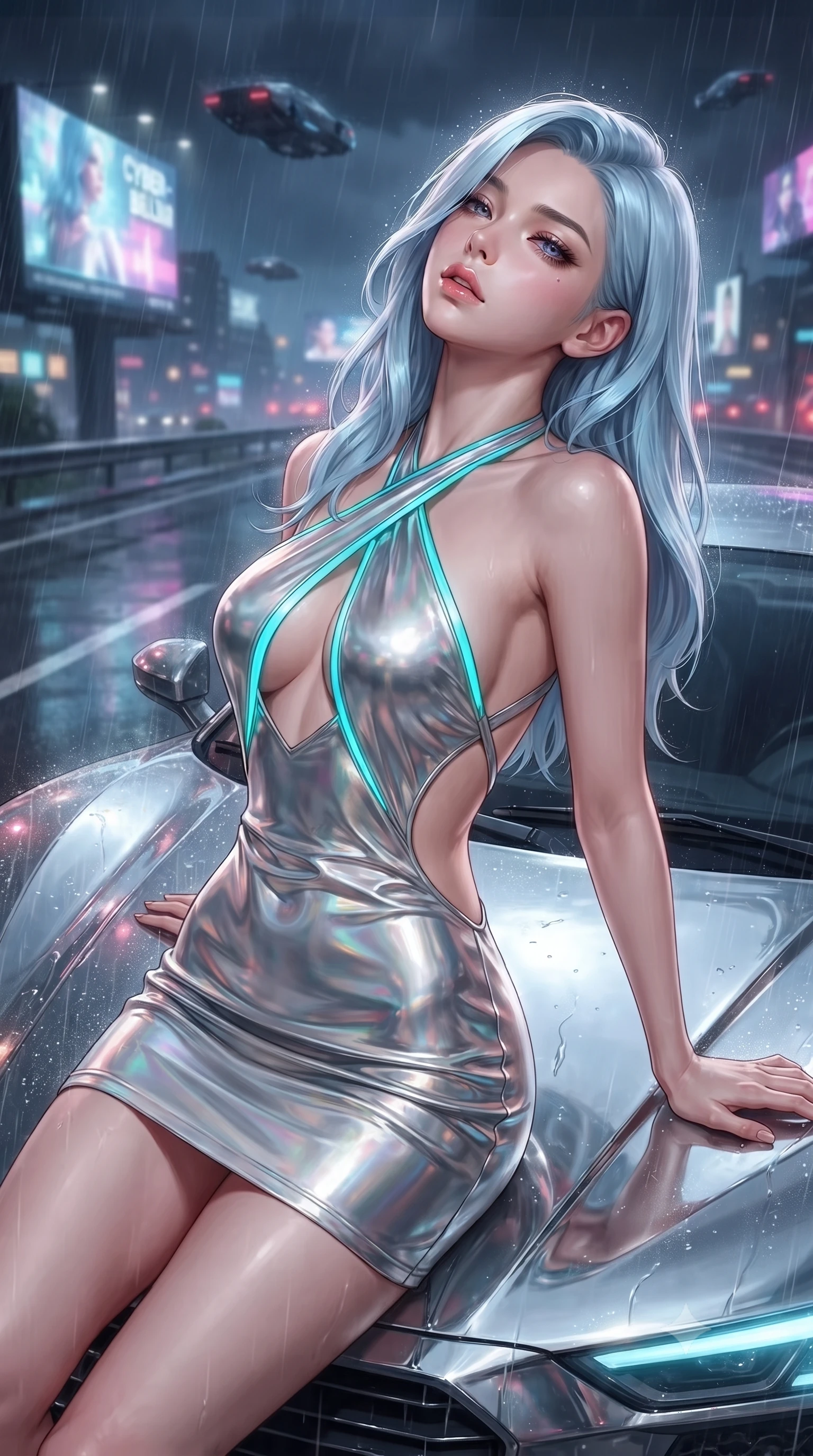 score_9, masterpiece, best quality, ultra-detailed, high-budget anime keyframe, editorial fashion photography, tasteful artistic composition, Korean woman. close-up cowboy shot from the waist and thighs up, the character dominates the composition, filling the frame with her large presence. tilting her head back with a sensual alluring expression, exposing her throat and shoulders to the camera with heavy lashes and softly parted glossy lips while lounging seductively across the glossy hood of a futuristic chrome hyper-car on a rain-slicked highway. The composition keeps background elements in soft focus with creamy bokeh. distant cyber-billboards and hovering aero-cars softened by shallow rain-soaked focus. She has an exceptionally elegant, slender, and willowy female figure with an ultra-slim waist, a gracefully sculpted slender torso, and a refined silhouette. sharp v-shaped jawline, high-bridge nose, intricate jewel-like eyes with depth, thick eyelashes, glossy lips with a natural sheen, flawlessly proportioned anatomical accuracy, natural body alignment, perfectly sculpted elegant limbs, clean dynamic posture without body distortion. wearing a molten silver liquid-metal mini dress featuring deep side-waist cutouts and a daring crossover halter neckline in liquid mercury silver and glowing electric cyan, made of smooth iridescent silk chiffon that shifts colors with movement, complemented by criss-cross back straps highlighting her completely bare spine, the glove-like fit tightly following every curve of her statuesque athletic build. surrounded by a high-octane, dangerous, and unapologetically sensual cyberpunk noir ambiance. ultra-reflective glossy finish, specular highlights, metallic sheen, high-contrast stereoscopic depth, volumetric dynamic lighting, 2k, ultra detail, master piece, 9:16 ratio