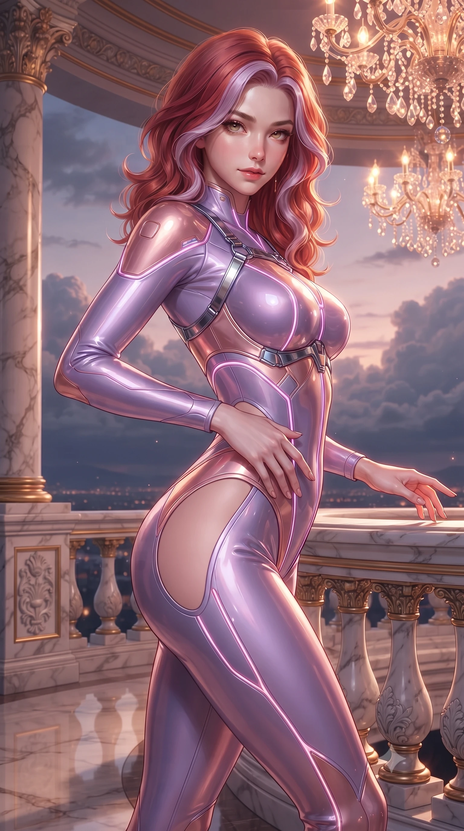 score_9, masterpiece, best quality, ultra-detailed, high-budget anime keyframe, editorial fashion photography, tasteful artistic composition, Caucasian woman. close-up cowboy shot from the waist and thighs up, the character dominates the composition, filling the frame with her large presence. twisting her upper body in a dynamic S-curve with an alluring smolder, one hand trailing along her slender waist while pivoting dynamically near a gilded balustrade as evening starlight and hovering crystal chandeliers illuminate her gown. The surrounding environment is rendered in vivid detail and crisp panoramic clarity. crisp white marble balustrade carvings, polished floor reflections, and detailed cloud bank textures in deep focus. She has an exceptionally elegant, slender, and willowy female figure with an ultra-slim waist, a gracefully sculpted slender torso, toned flat midriff, and a refined slim silhouette. sharp v-shaped jawline, high-bridge nose, intricate jewel-like eyes with depth, thick eyelashes, glossy lips with a natural sheen, flawlessly proportioned anatomical accuracy, strict slender model proportions, natural body alignment, perfectly sculpted long slender limbs, ultra-slim waistline, clean dynamic posture without body distortion. wearing a skin-tight cybernetic bodysuit with glowing neon seams, deep hip cutouts, and an aerodynamic athletic fit in luminous lavender violet and rose gold, formed from high-gloss patent material with specular light reflections, reinforced by a sleek metallic chrome harness and delicate glowing micro-straps, the precision-cut daring openings accentuating her delicate midriff, graceful bare collarbones, and ultra-slim feminine waistline. bathed in glorious golden-pink twilight sunbeams and warm chandelier candlelight glow. ultra-reflective glossy finish, specular highlights, metallic sheen, high-contrast stereoscopic depth, volumetric dynamic lighting, 2k, ultra detail, master piece, 9:16 ratio
