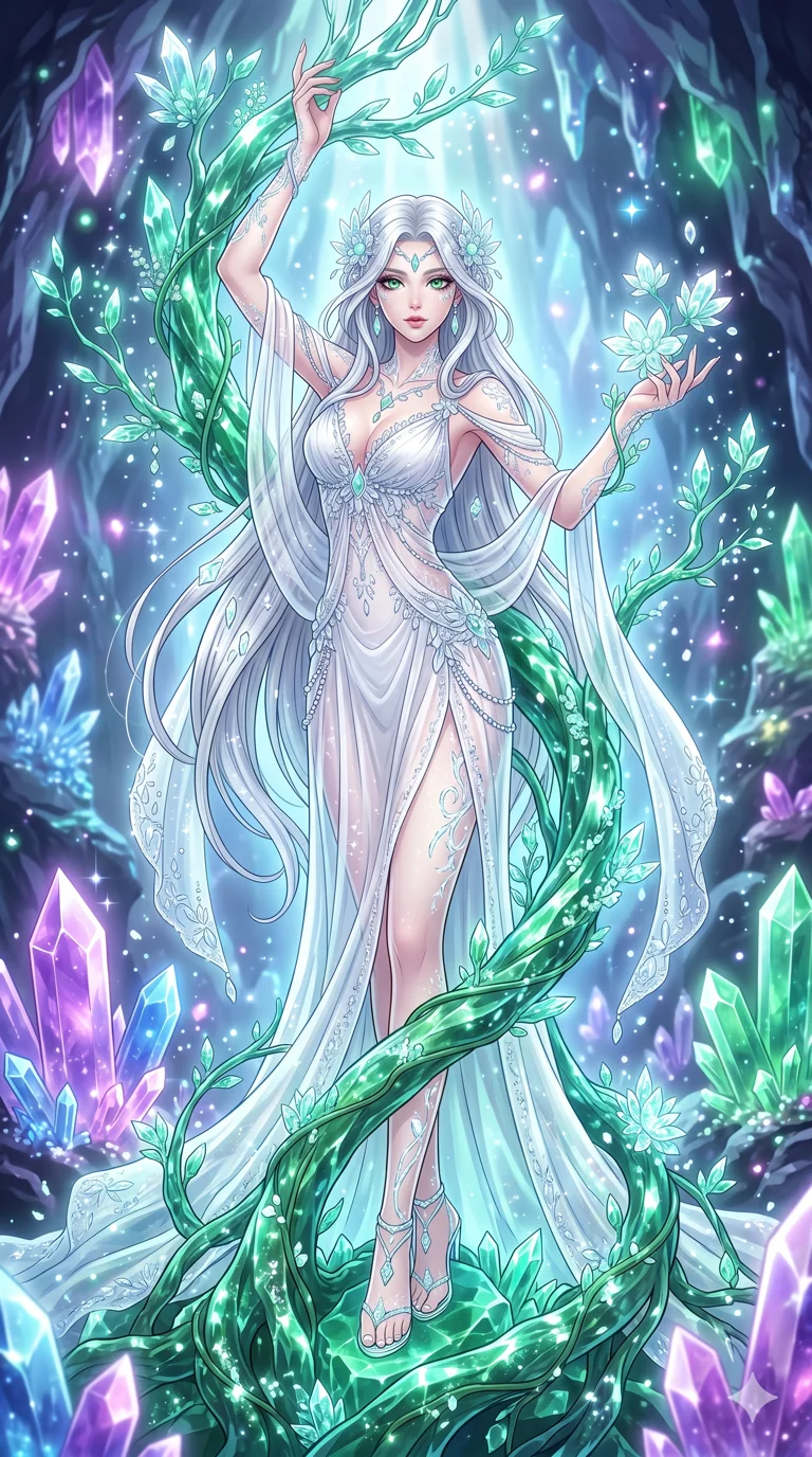 score_9, masterpiece, best quality, ultra-detailed, high-budget anime keyframe, an incredibly beautiful Caucasian woman (strictly human ears). Full-body shot stretching the vertical silhouette, dominating the 9:16 frame. She is a crystal dryad emerging from a tree made of emerald quartz. She has an absolutely perfect 8-heads proportion, an exceptionally tall and slender build emphasizing a delicate skinny aesthetic. Her face is a flawless masterpiece with a sharp v-shaped jawline, high-bridge nose, expressive jewel-like eyes, thick eyelashes, and perfectly glossy lips. She is wearing a translucent silk gown that drapes over her slim-fit silhouette. A glowing cavern with massive crystals and soft ethereal lighting., 2k, ultra detail, master piece, 9:16 ratio