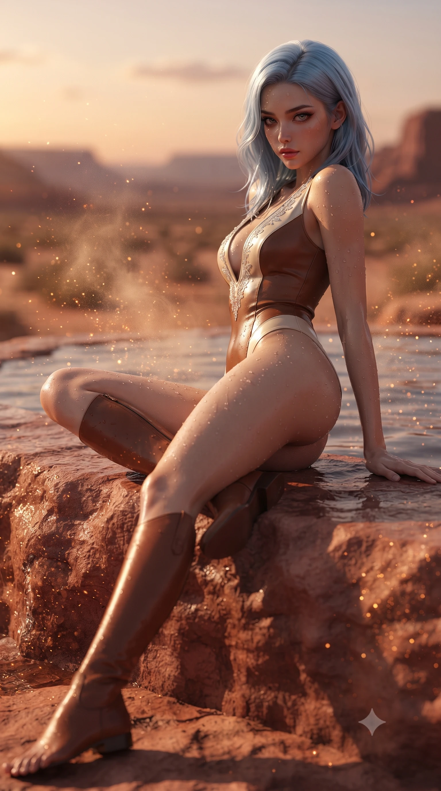 score_9, masterpiece, best quality, ultra-detailed, high-budget anime keyframe, editorial fashion photography, tasteful artistic composition, Korean woman. low angle full-body shot from head to toe showing her feet, filling the entire 9:16 vertical frame with her statuesque presence, stretching her vertical silhouette. reclining on her side in an elegant Cleopatra pose with one knee drawn up, the dramatic contour of her rounded hips and long slender legs commanding the 9:16 vertical frame while perching on the edge of an infinity plunge pool carved into crimson sandstone, water droplets beading on her hip as she looks back over her shoulder. The composition keeps background elements in soft focus with creamy bokeh. swirling desert dust particles and sunset pool water caustics scattering radiant copper sparkles. She has an exceptionally tall and slender model-like 8.5-heads proportion, an ultra-slim waist, a flat toned midriff, narrow delicate ribcage, and beautifully sculpted feminine hips creating a graceful, slim hourglass silhouette without any bulky heaviness, with impossibly long slender legs. sharp v-shaped jawline, high-bridge nose, intricate jewel-like eyes with depth, thick eyelashes, glossy parted lips with a natural sheen, intensely captivating and seductive bedroom-eyes expression, flawlessly proportioned anatomical accuracy, strict slender model proportions, natural body alignment, perfectly sculpted long slender limbs, ultra-slim waistline, clean dynamic posture without body distortion. wearing a form-contouring equestrian leather-and-gabardine bodysuit with a deep plunge neckline and riding boots in rich equestrian cognac brown and crisp champagne cream, formed from supple second-skin lambskin leather with specular sheen, finished with delicate crystal frost embroidery tracing the plunging neckline, the second-skin form-contouring cut accentuating her sculpted flat midriff, narrow delicate ribcage, and gracefully curvy hips with supermodel precision. illuminated by wet specular pool highlights accentuating her slender neckline, sculpted waist, and rounded hips. ultra-reflective glossy finish, specular highlights, rich textural contrasts, high-contrast stereoscopic depth, volumetric dynamic lighting, 2k, ultra detail, master piece, 9:16 ratio